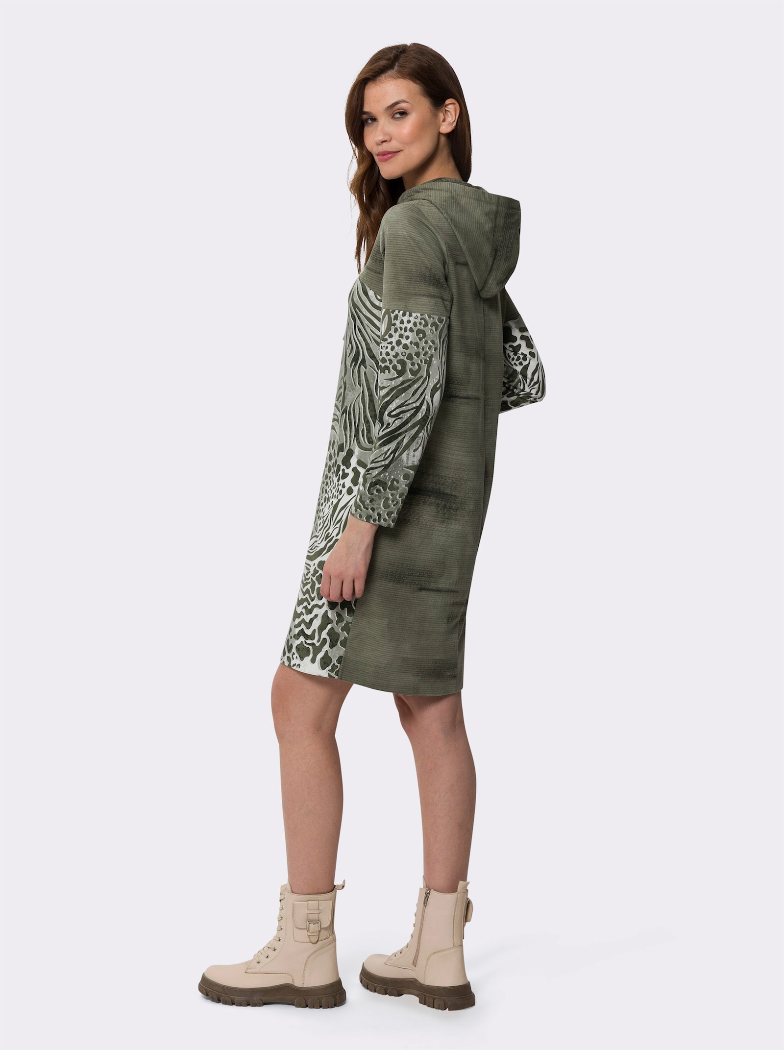 heine Jerseyjurk met capuchon, dierenprint - kaki/ecru bedrukt