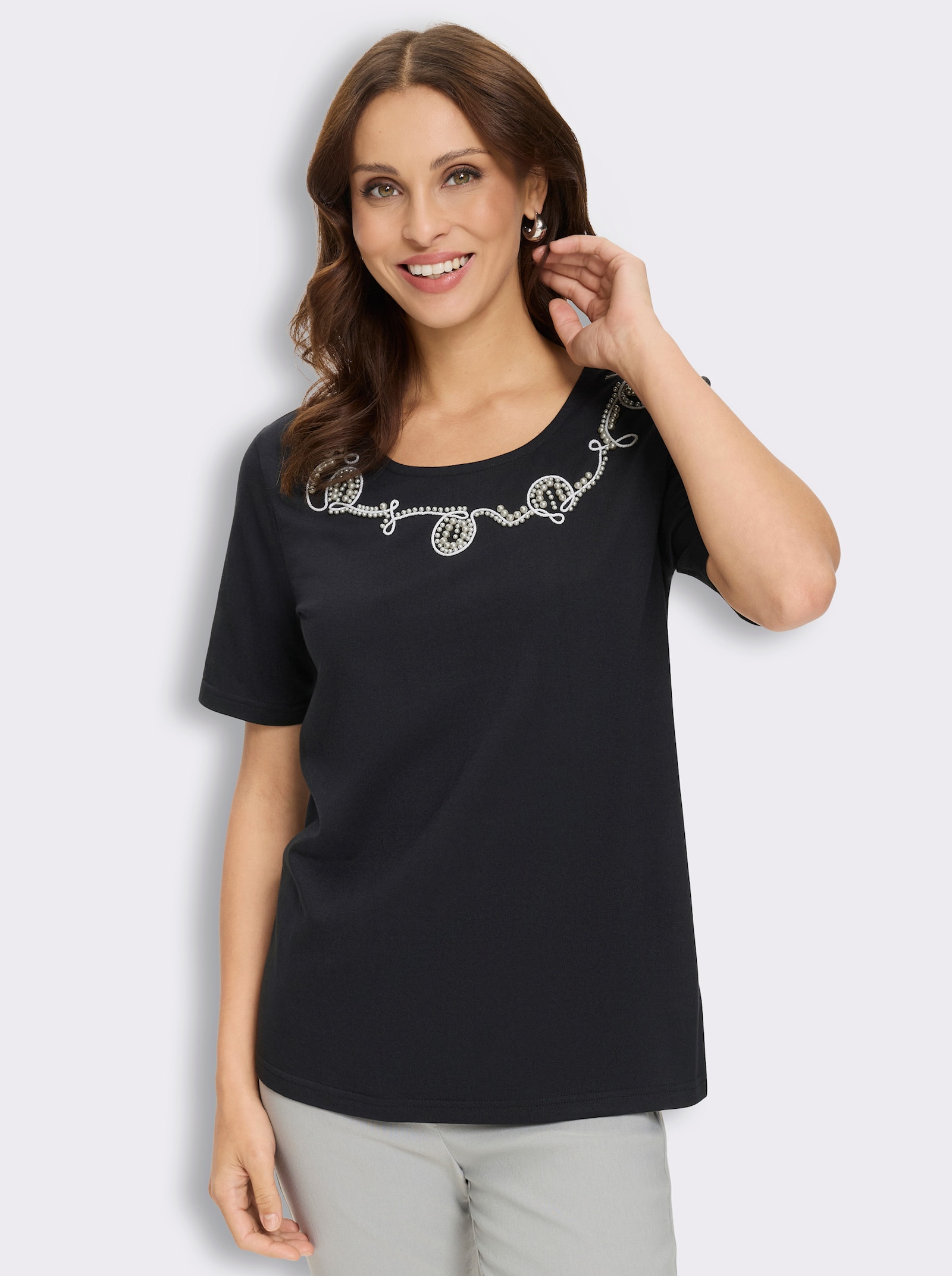 Kurzarmshirt mit Zierperlen-Applikation und Stickerei - schwarz