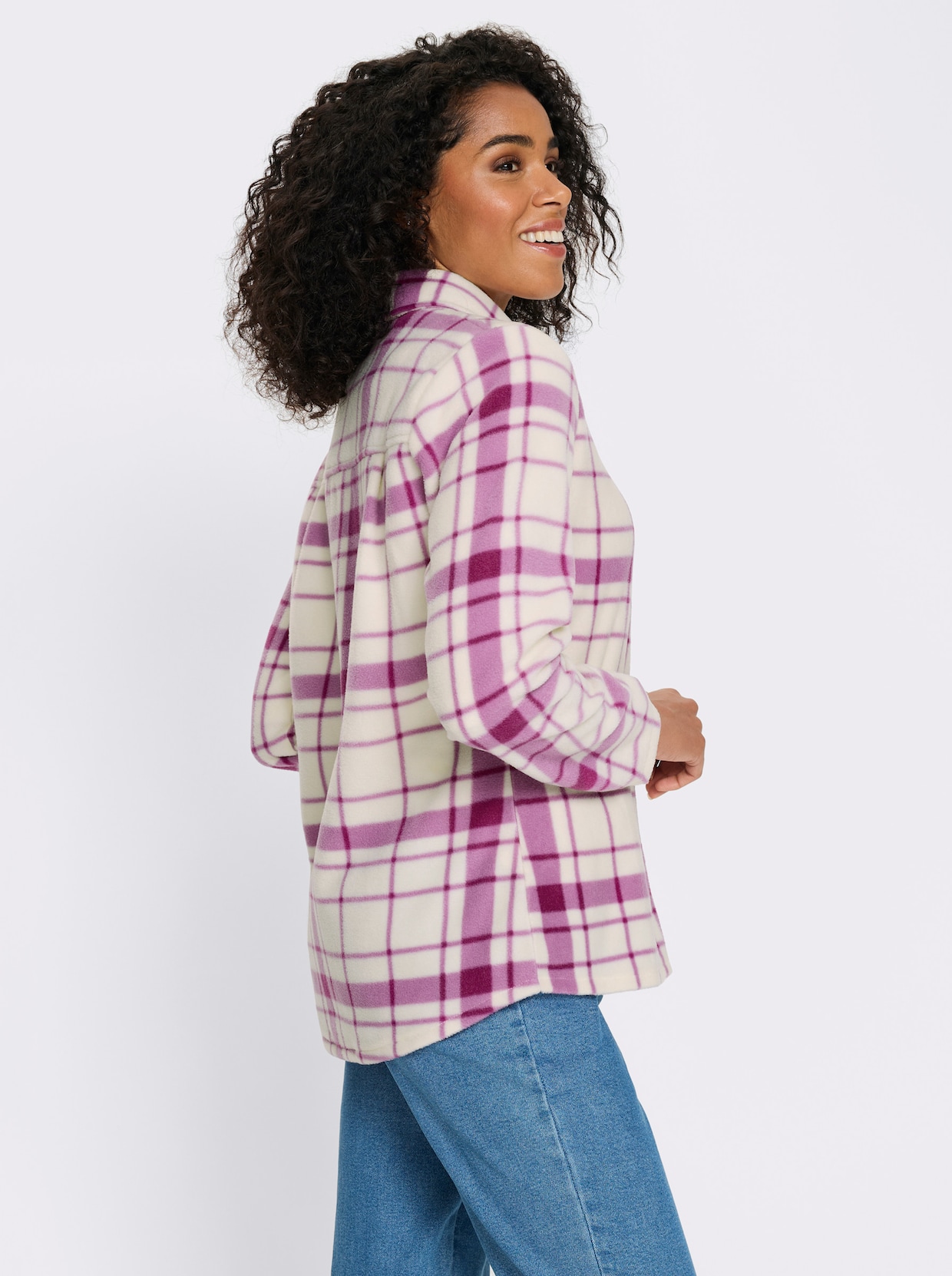 Fleecejacka med längre fåll baktill - orkidé-champagne-rutig