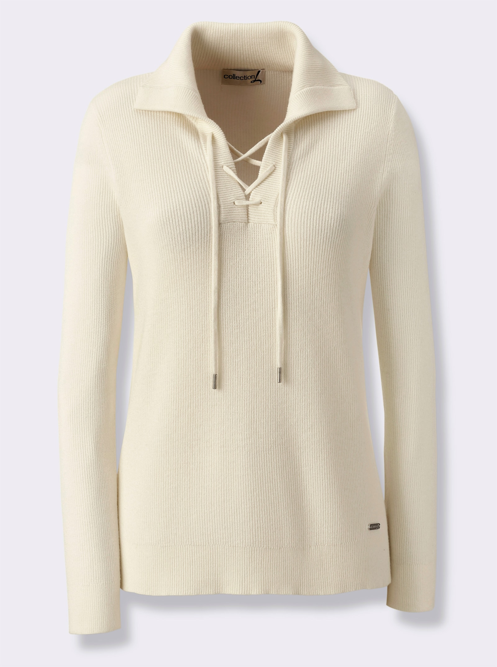 Langarm-Pullover mit Schnürung am Ausschnitt - ecru
