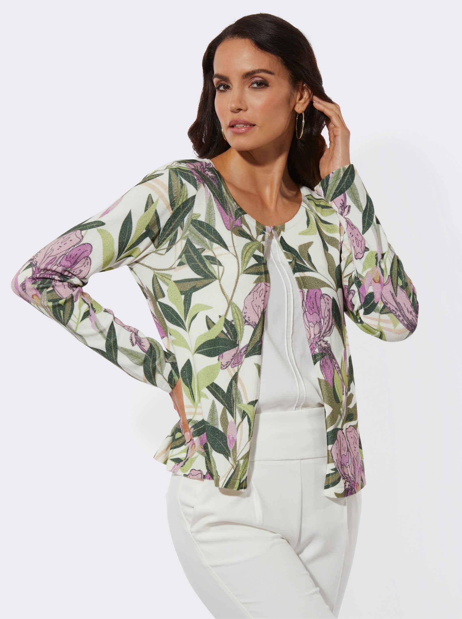 Cardigan mit Hakenverschluss - ecru-orchidee-bedruckt
