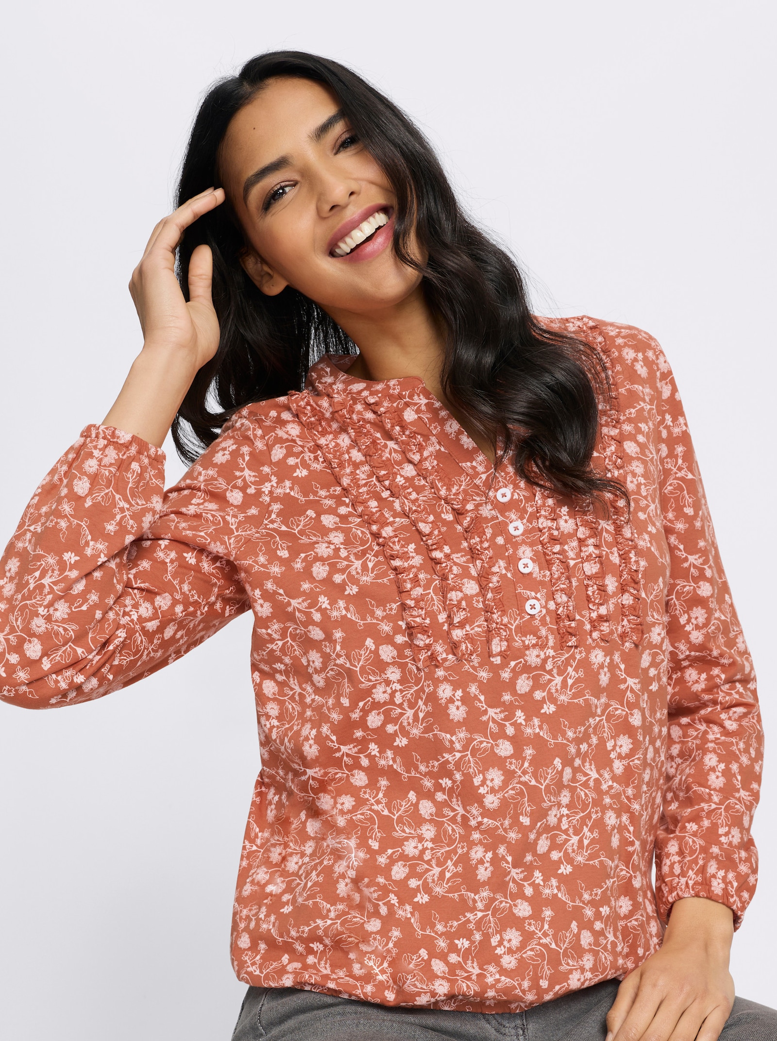 Langarmshirt mit Rüschen am Ausschnitt - papaya-ecru-bedruckt