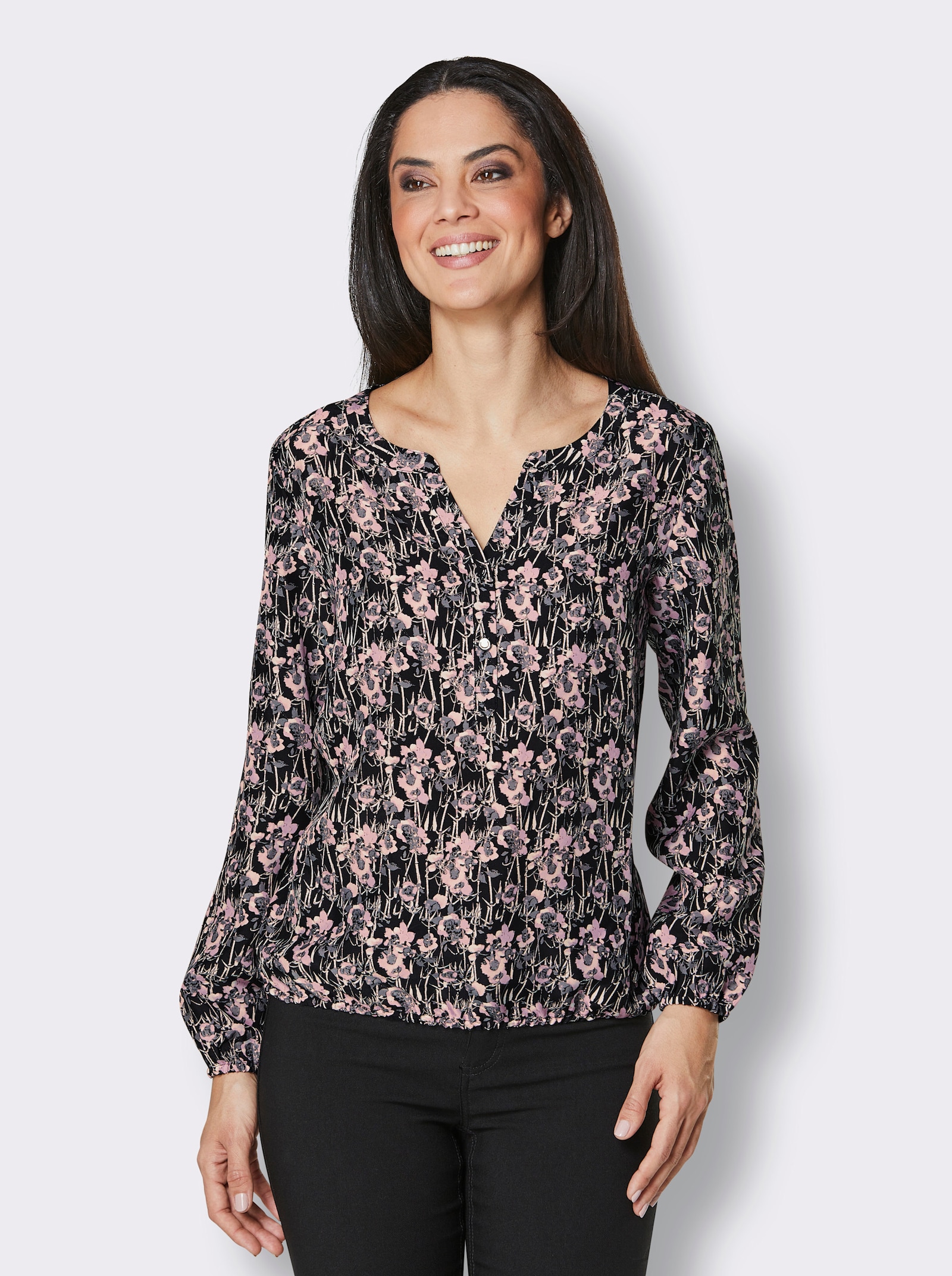 CREATION L PREMIUM Schlupfbluse mit Blumen-Print - schwarz-rosé-gemustert