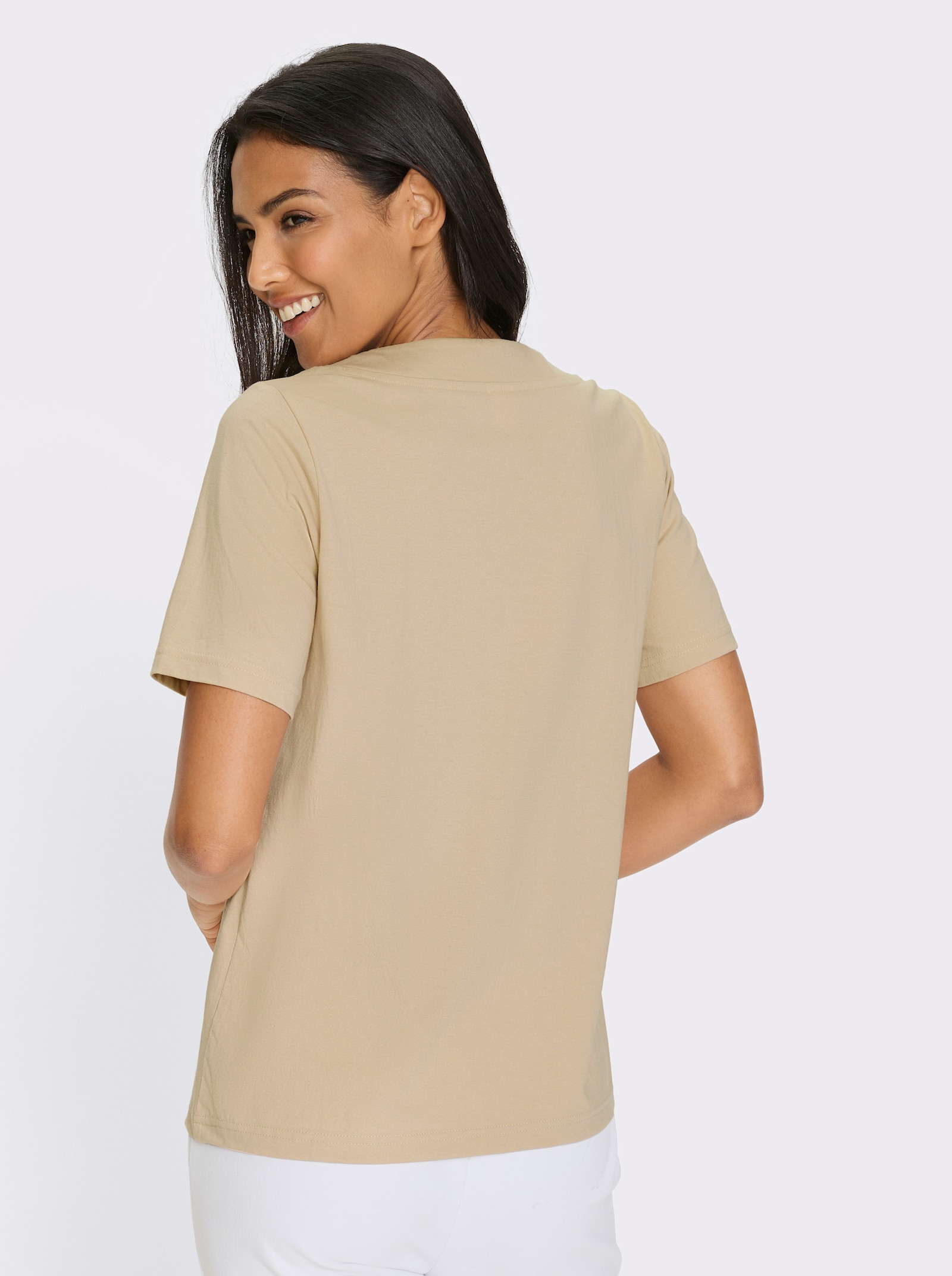 Kurzarmshirt mit Glanz-Druck - beige