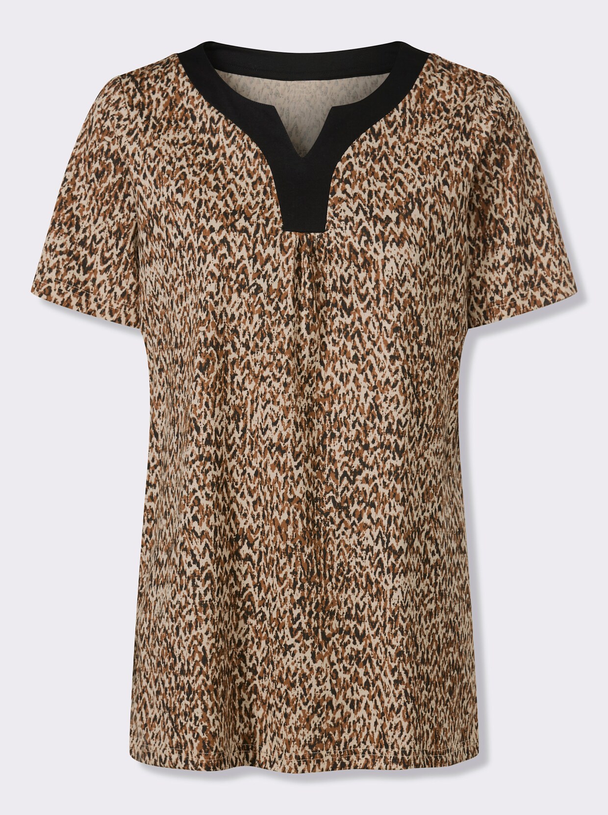 Longshirt in ausgestellter A-Linie - cognac-schwarz-bedruckt