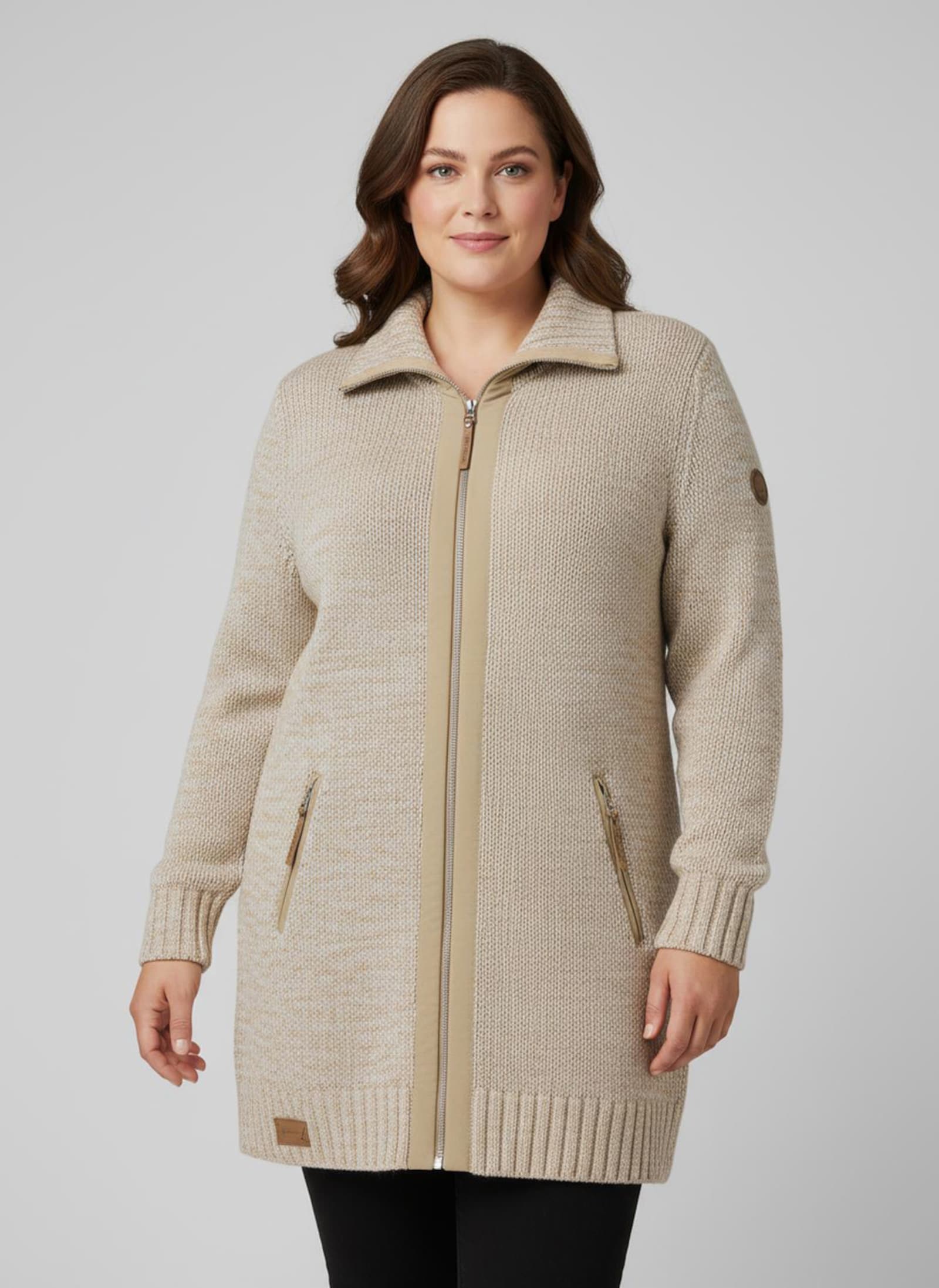 Longstrickjacke mit Troyerkragen - camel-ecru-meliert