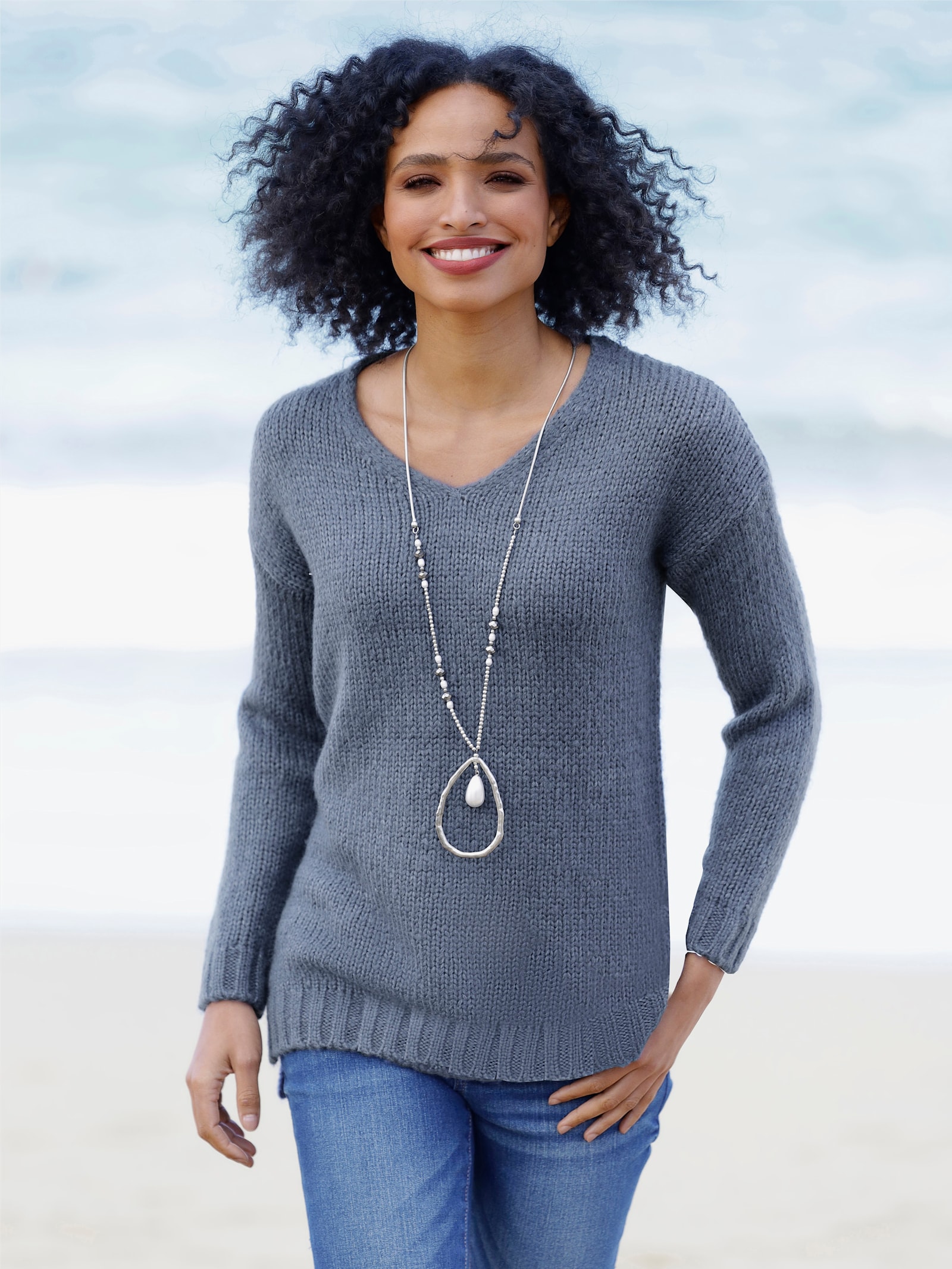 heine V-Ausschnitt-Pullover mit Seitenschlitzen - rauchblau-meliert