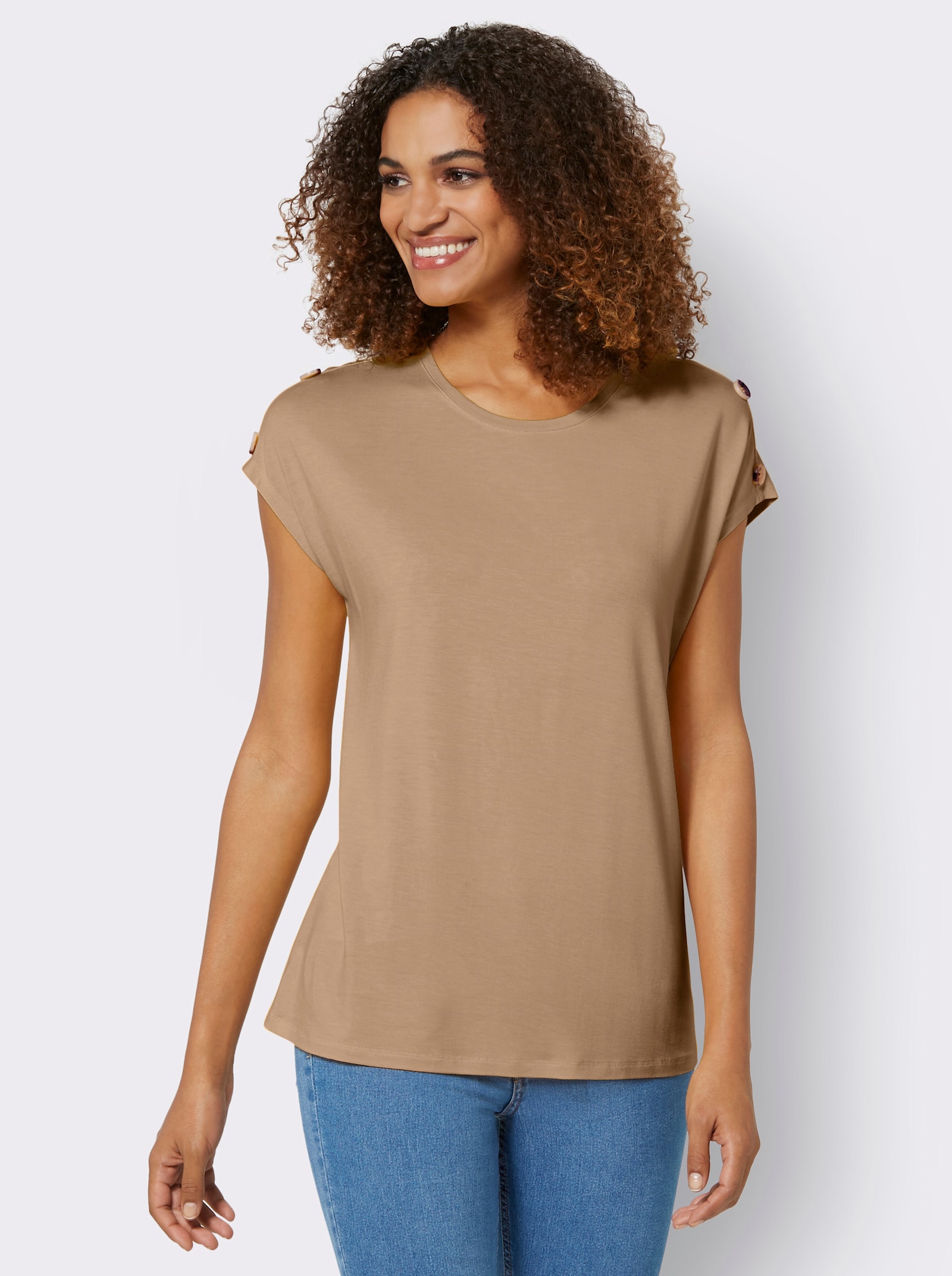 Shirt met korte mouwen en sierknopen op de schouders - camel