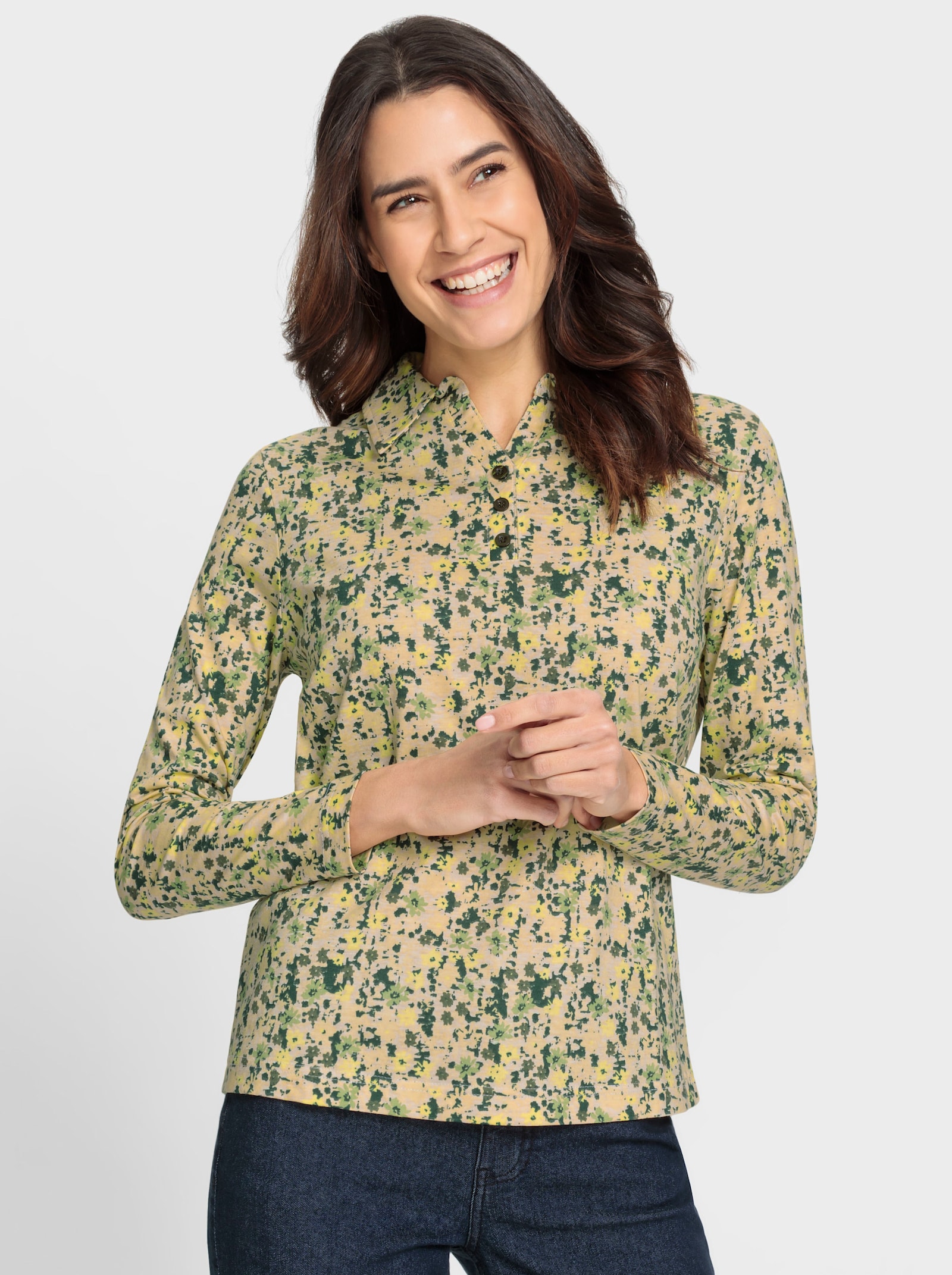 Langarm-Poloshirt mit Knopfleiste - elfenbein-zitrone-bedruckt