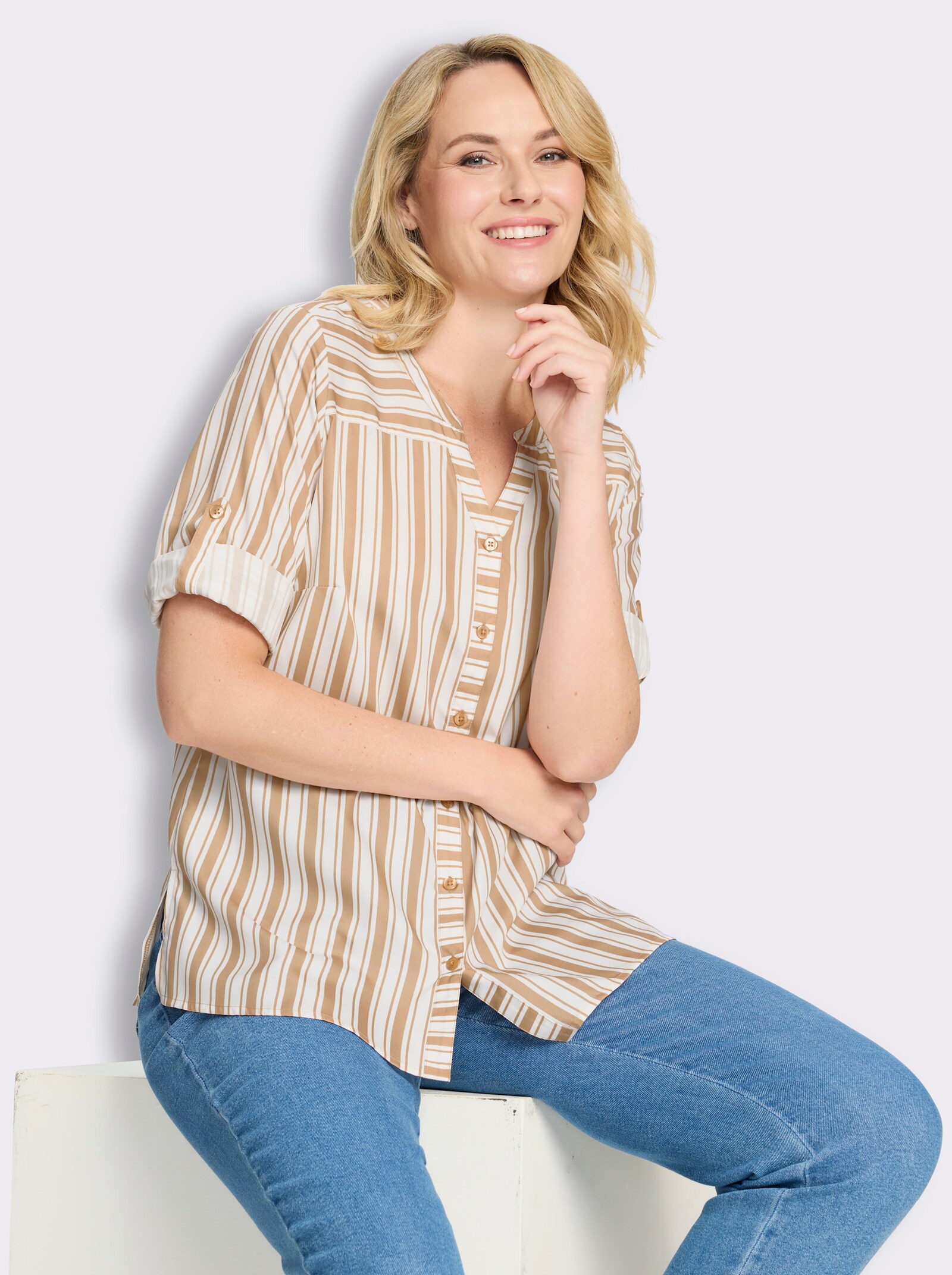 Longbluse mit vertikalem Streifenmuster - camel-weiß-gestreift