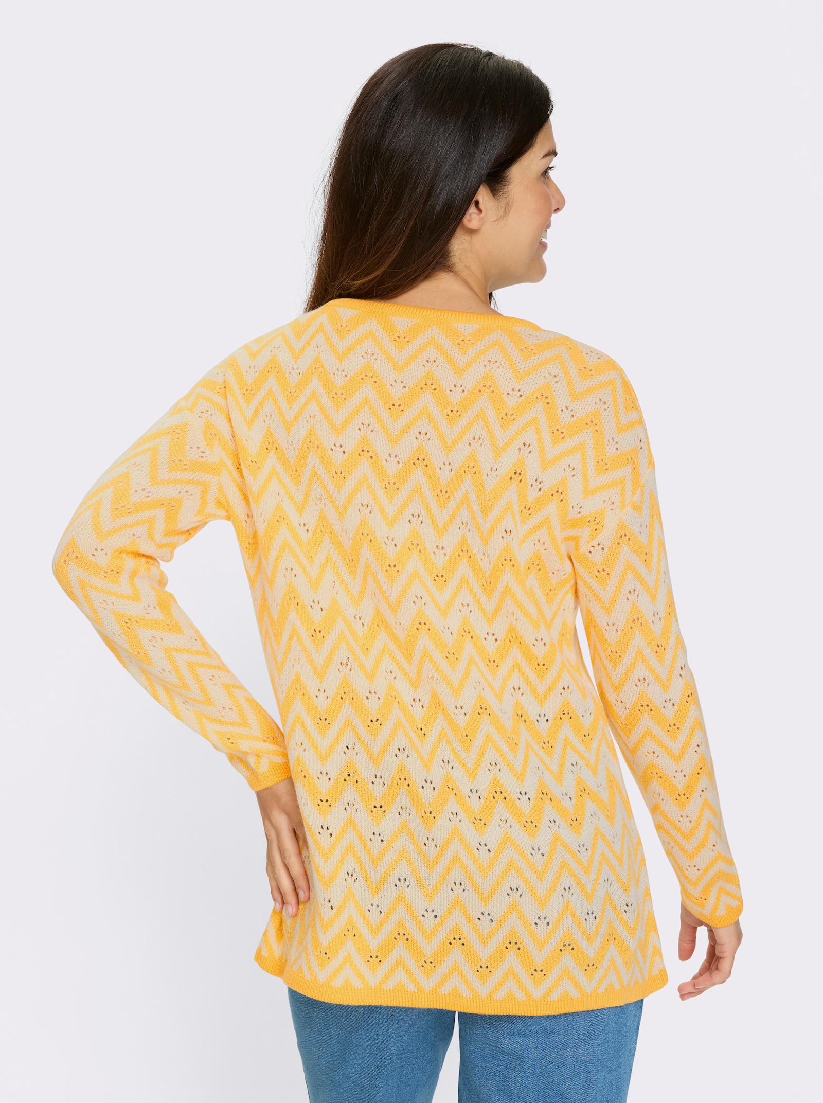 Lange pullover met zigzag- en ajourpatroon - geel/wit gedessineerd
