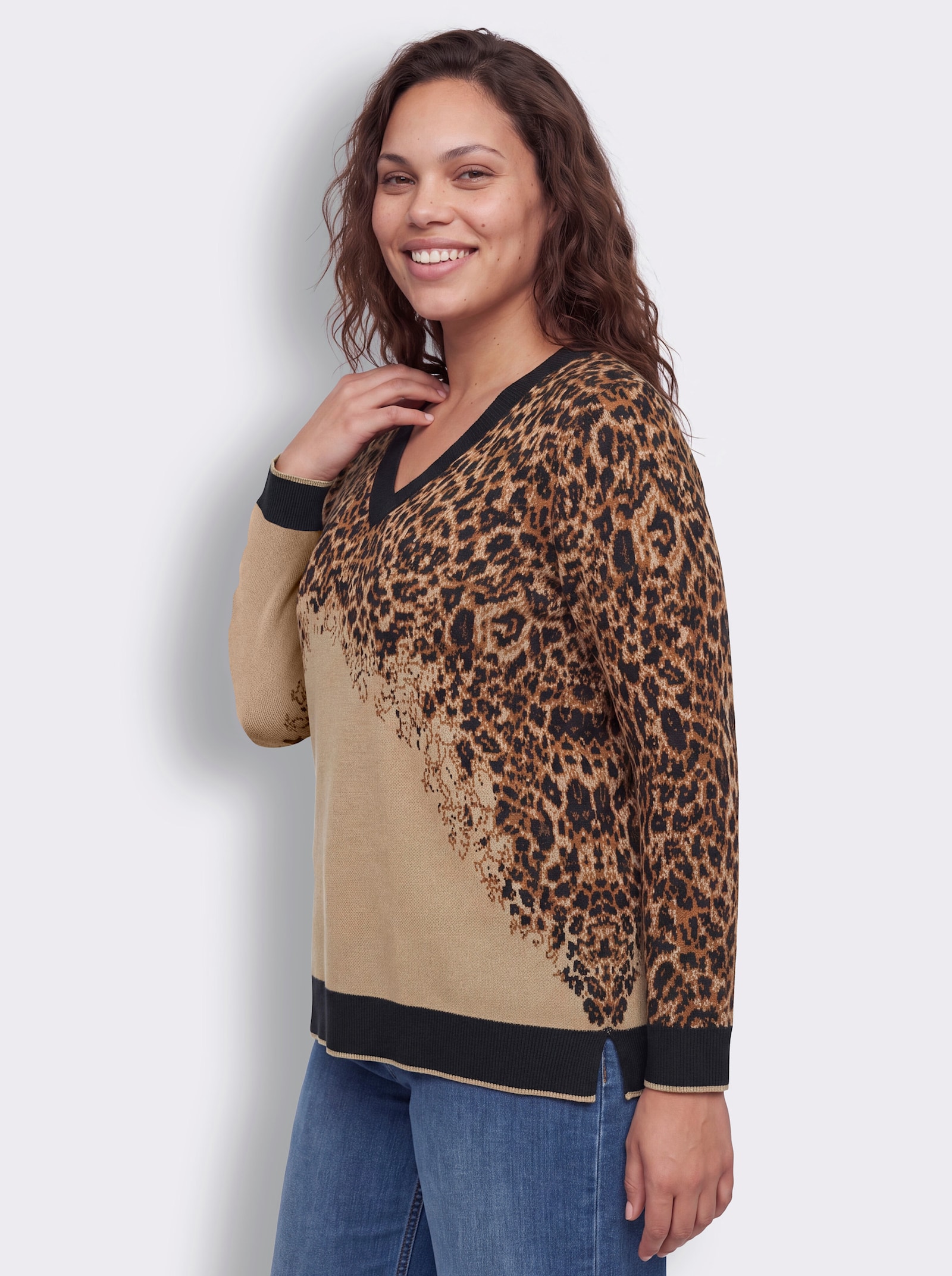 sheego Pullover met jacquard, versierd met glitterstrepen - choco/cognac gedessineerd