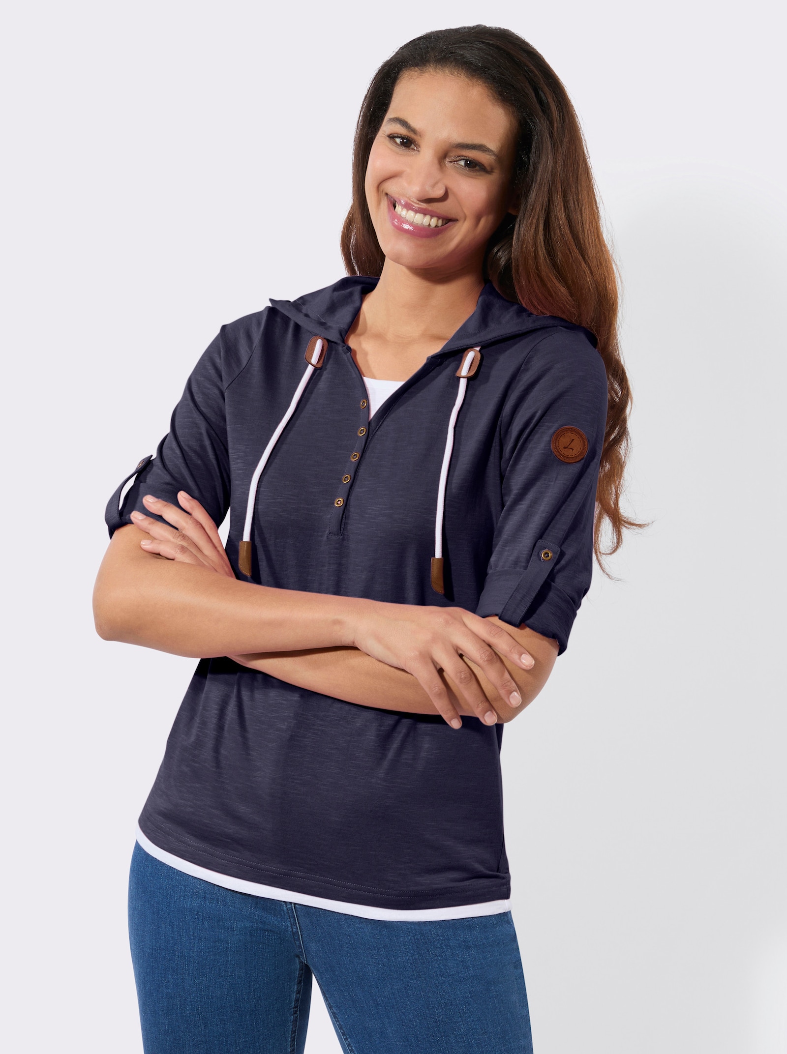 2-in-1-Shirt mit Kapuze - marine-weiß