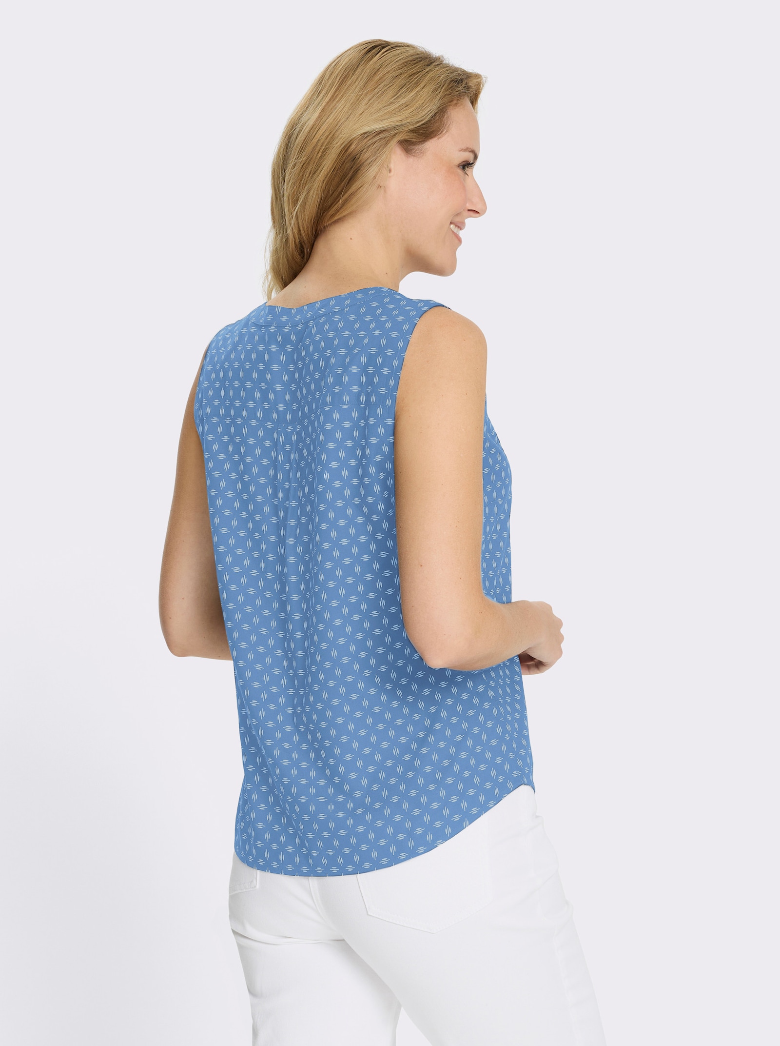 Linne i mjuk, följsam viskos - mellanblå-vit-med tryck