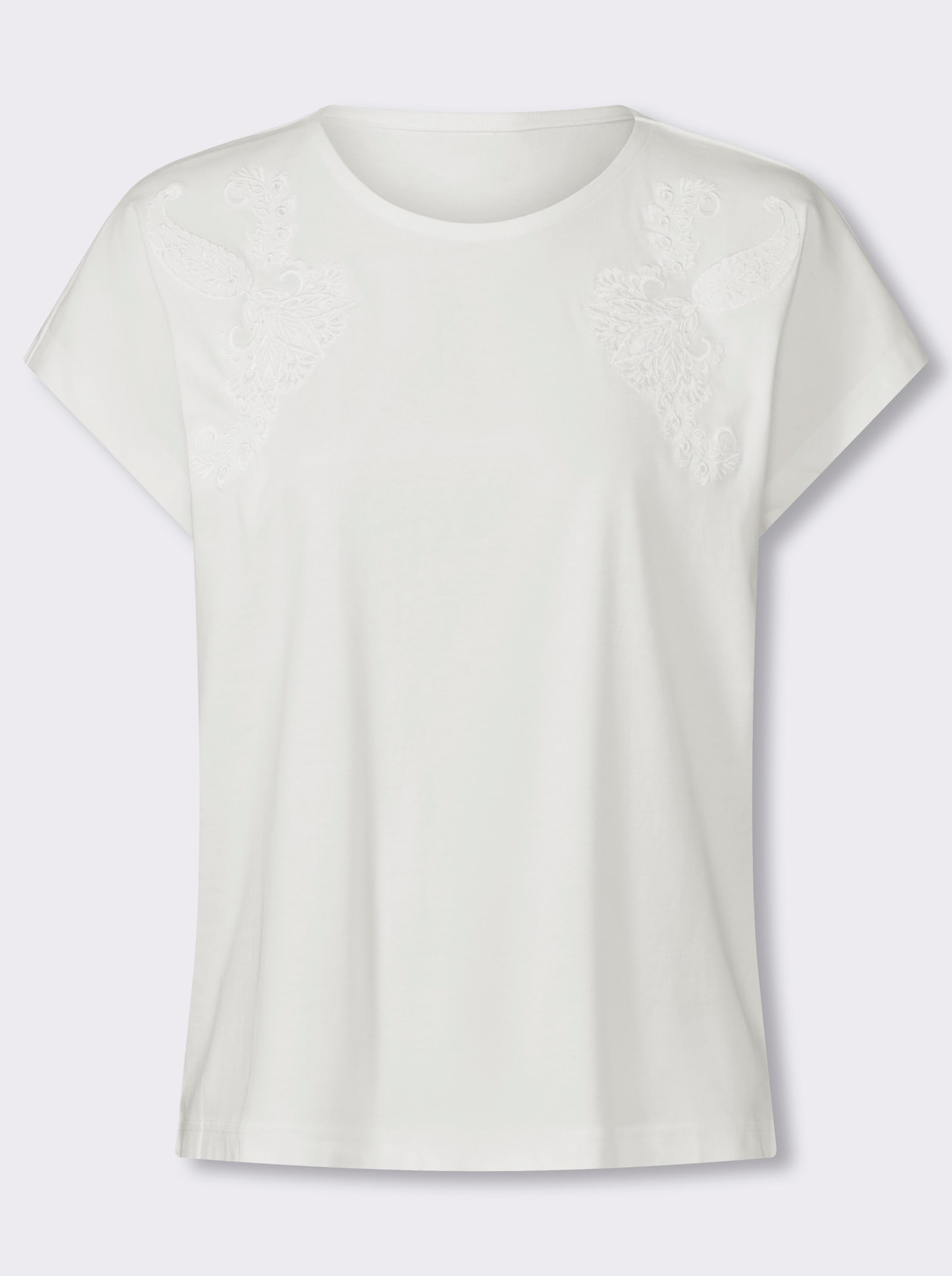 Kurzarmshirt mit Blumen-Stickerei - ecru