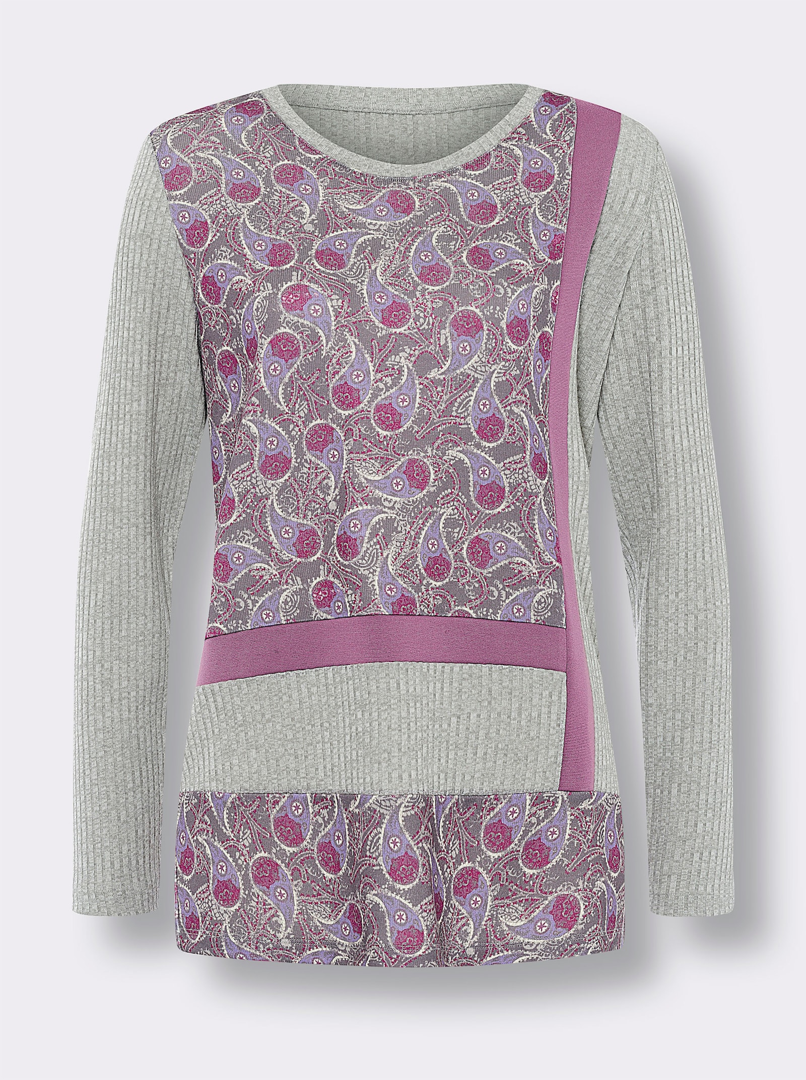 heine Langarmshirt in Patch-Optik vorne - hellgrau-violett-bedruckt