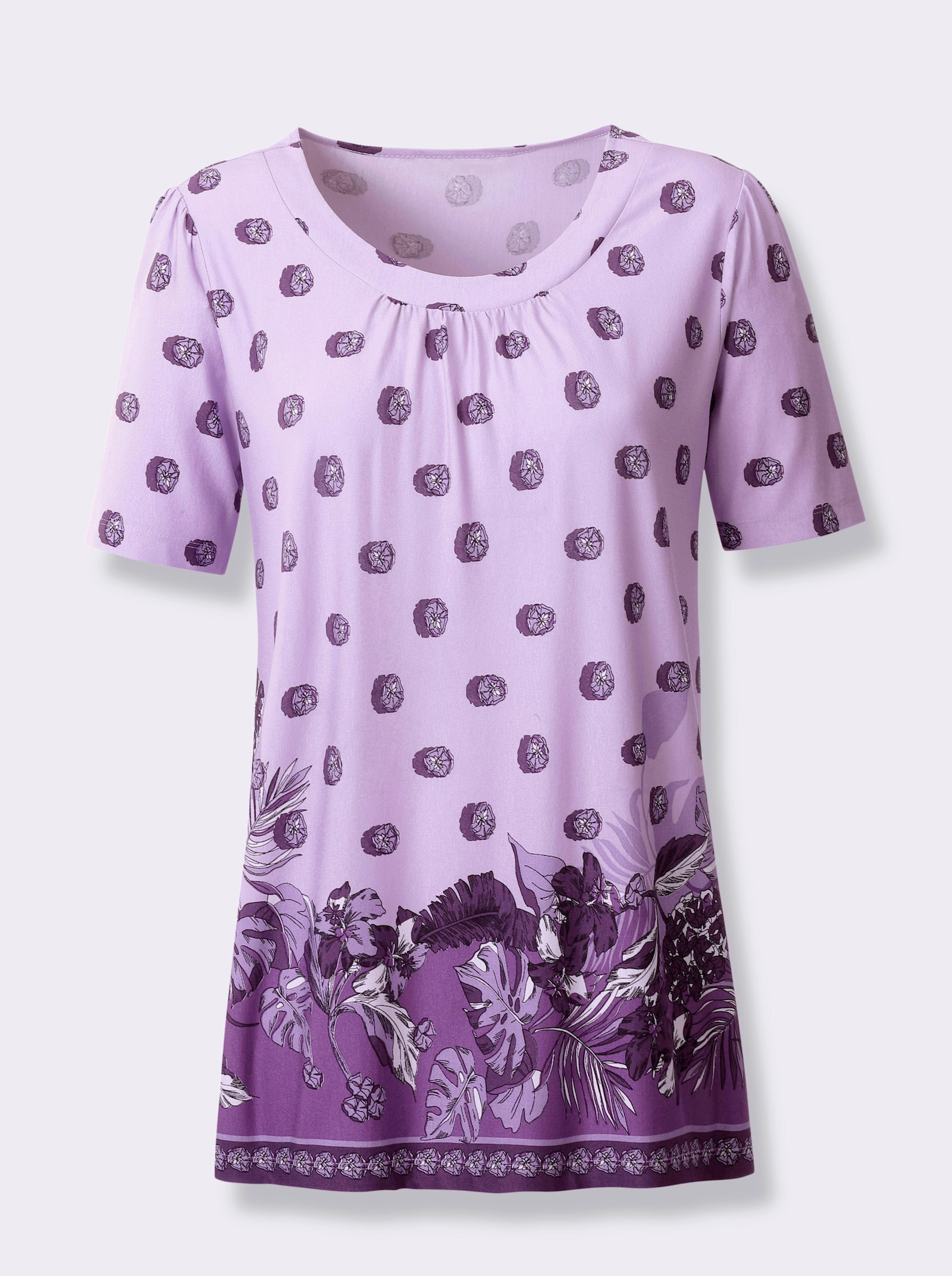 Tuniekshirt met rimpeling bij de hals - lila geprint