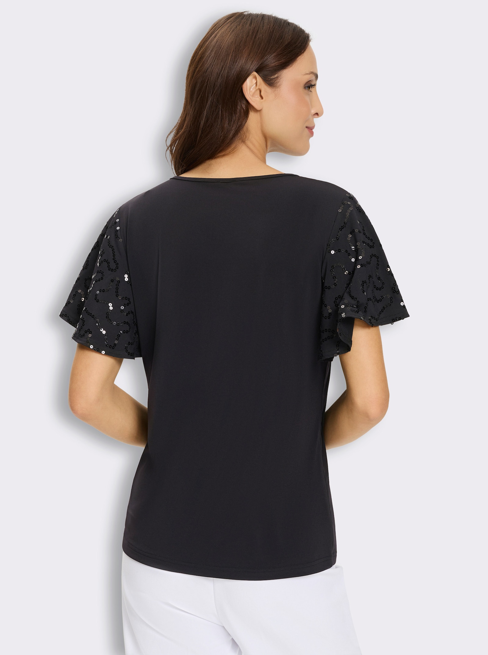 Kurzarmshirt mit Pailletten-Deko an den Ärmeln - schwarz