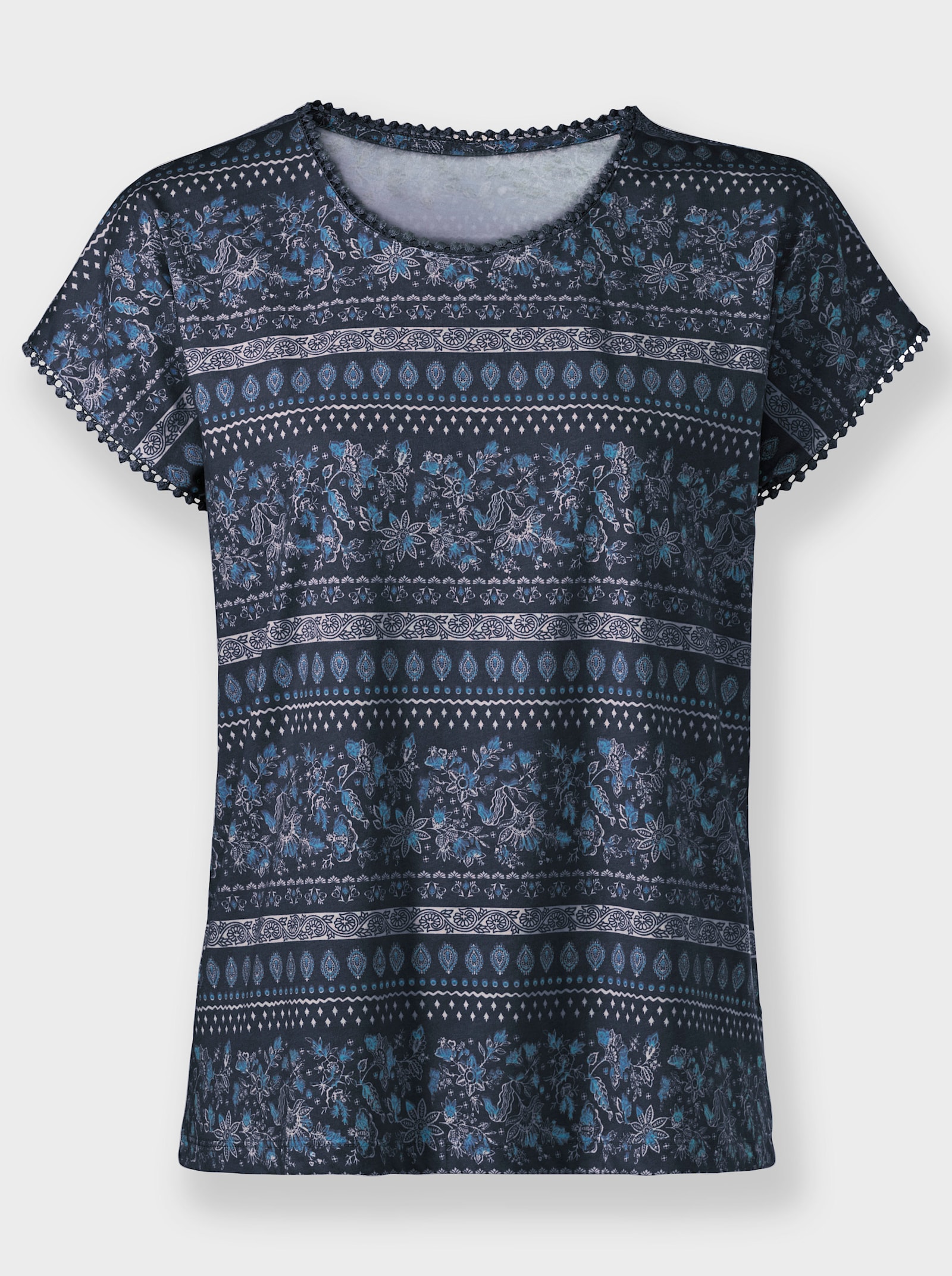 Print-Shirt mit Spitzenborte - marine-ecru-bedruckt