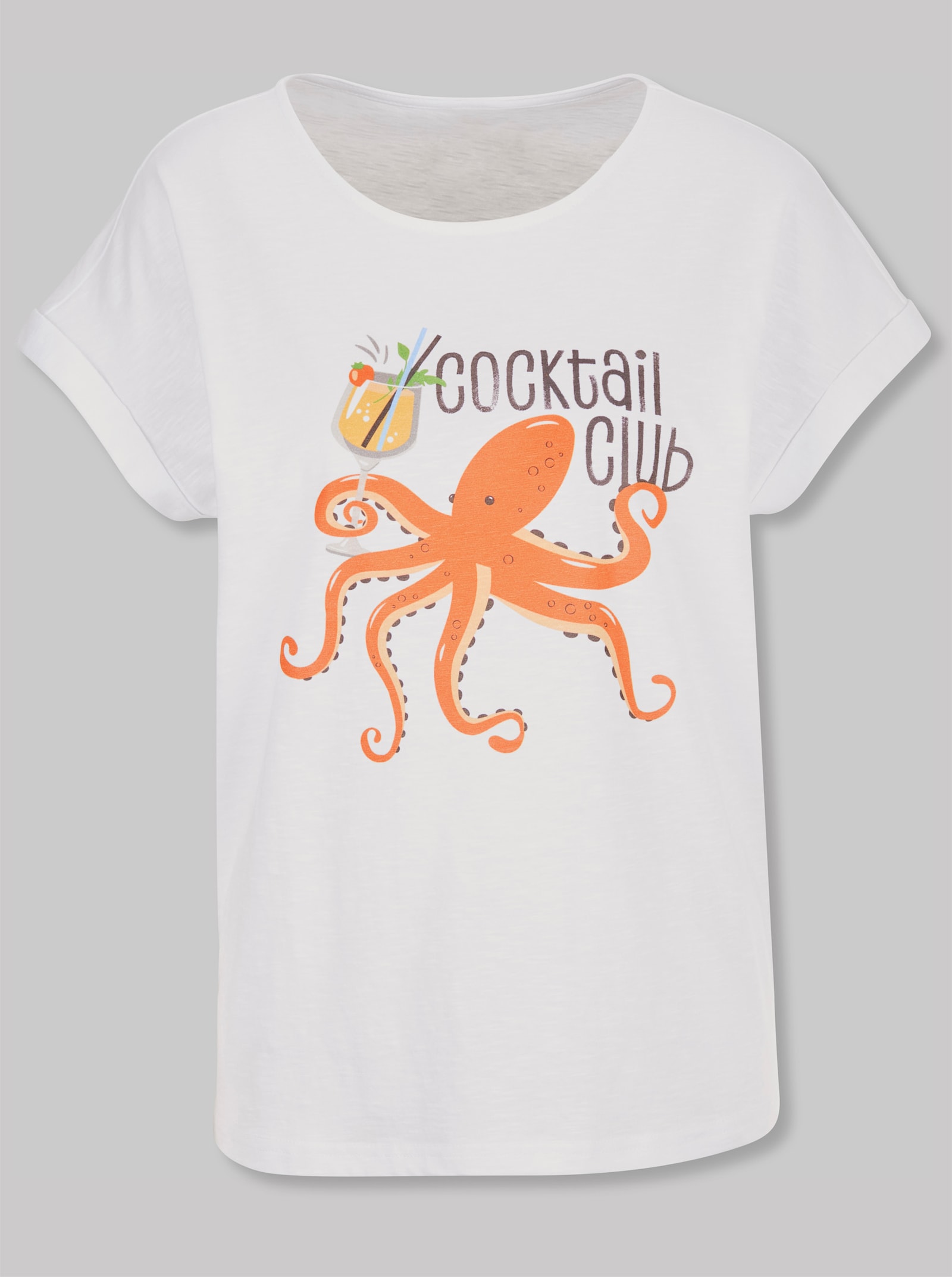 heine Kurzarmshirt mit Kraken-Motiv - weiß-orange-bedruckt
