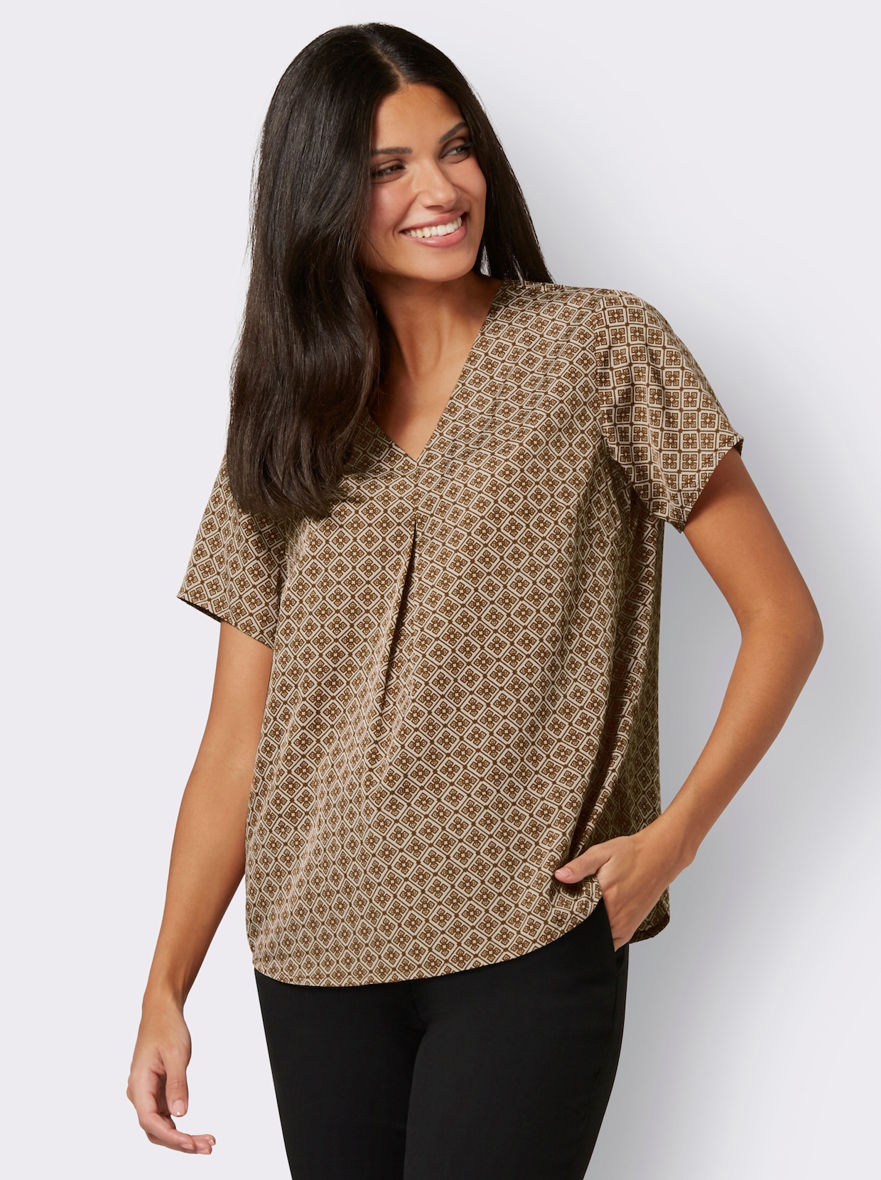 Comfortabele blouse - zand/bruin geprint