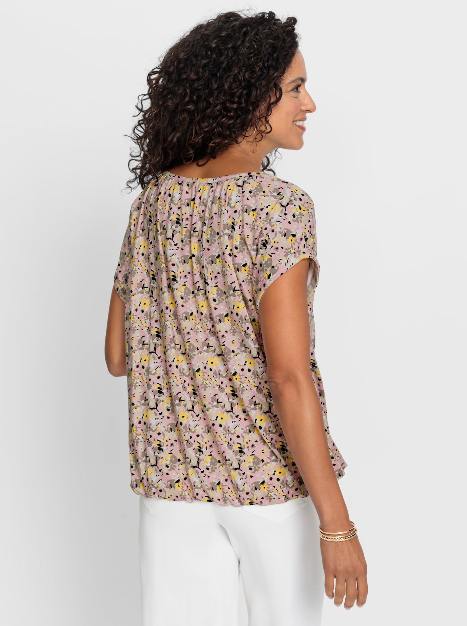 Rundhalsshirt mit elastischem Saum - hortensie-gelb-bedruckt