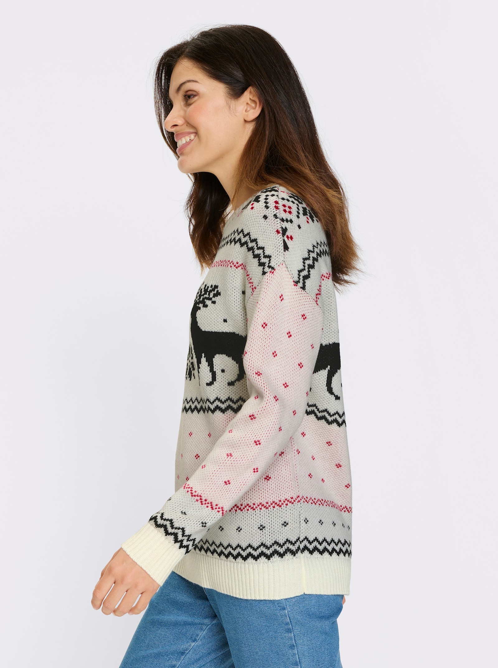 Langarm-Pullover mit Rentier-Motiv - ecru-schwarz-gemustert