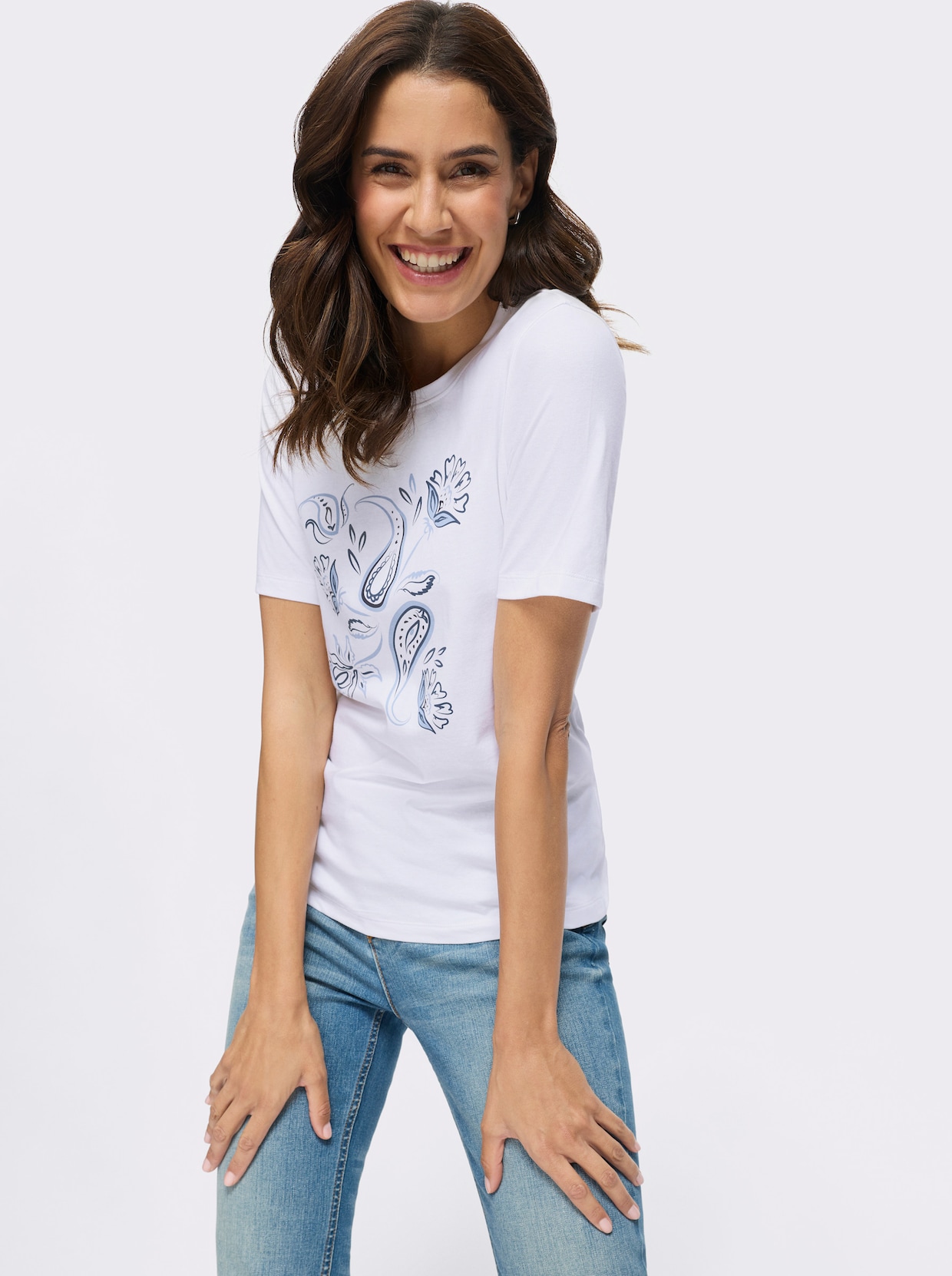 Kurzarmshirt - weiß-bleu-bedruckt