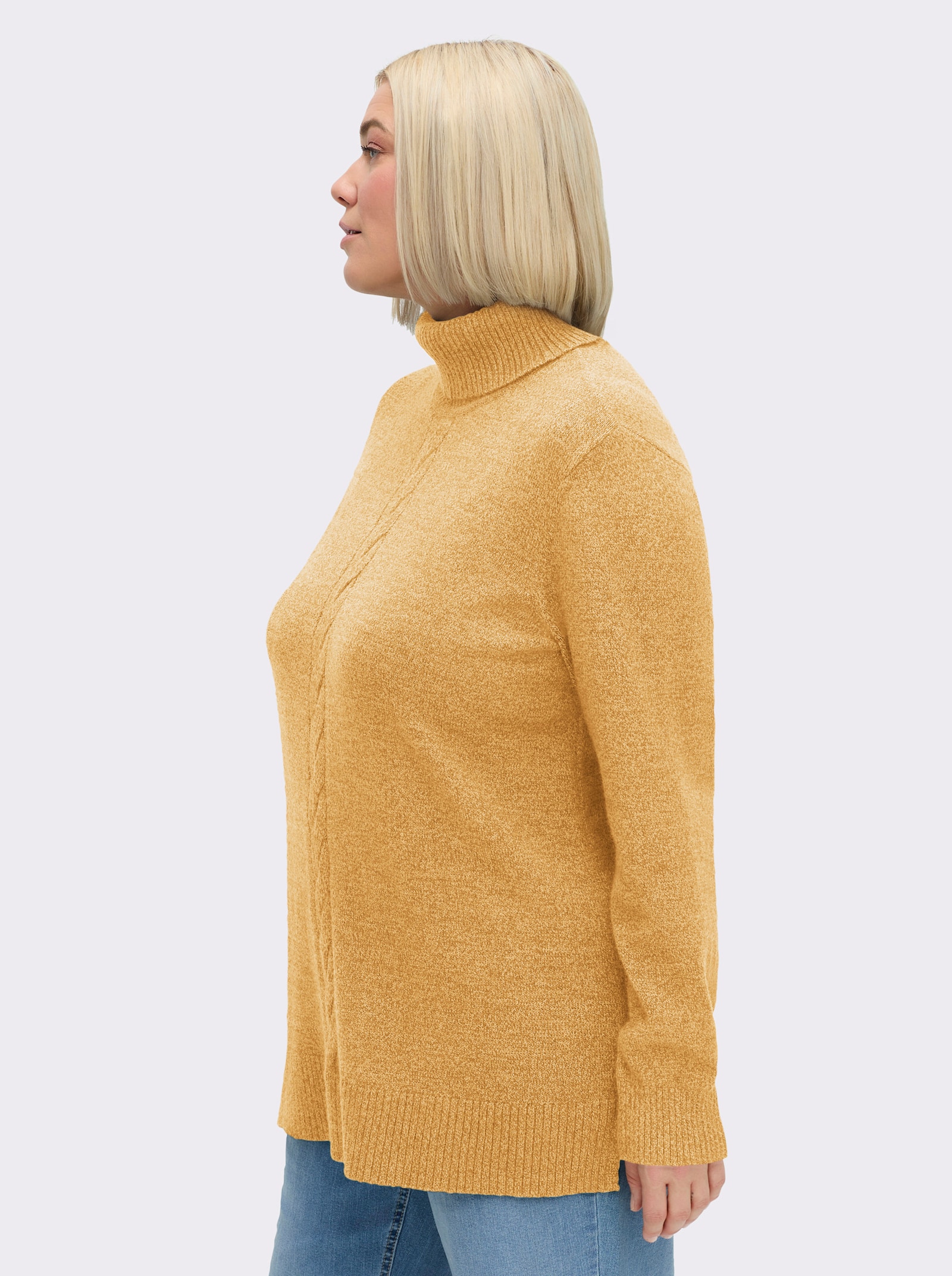 sheego Rollkragenpullover mit Zopfmuster vorn - ocker-meliert