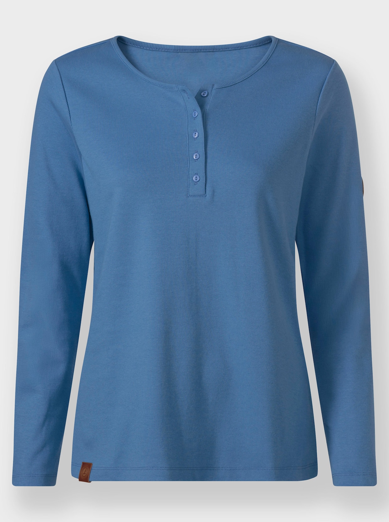 Shirt met ronde hals van geribd katoen - middenblauw