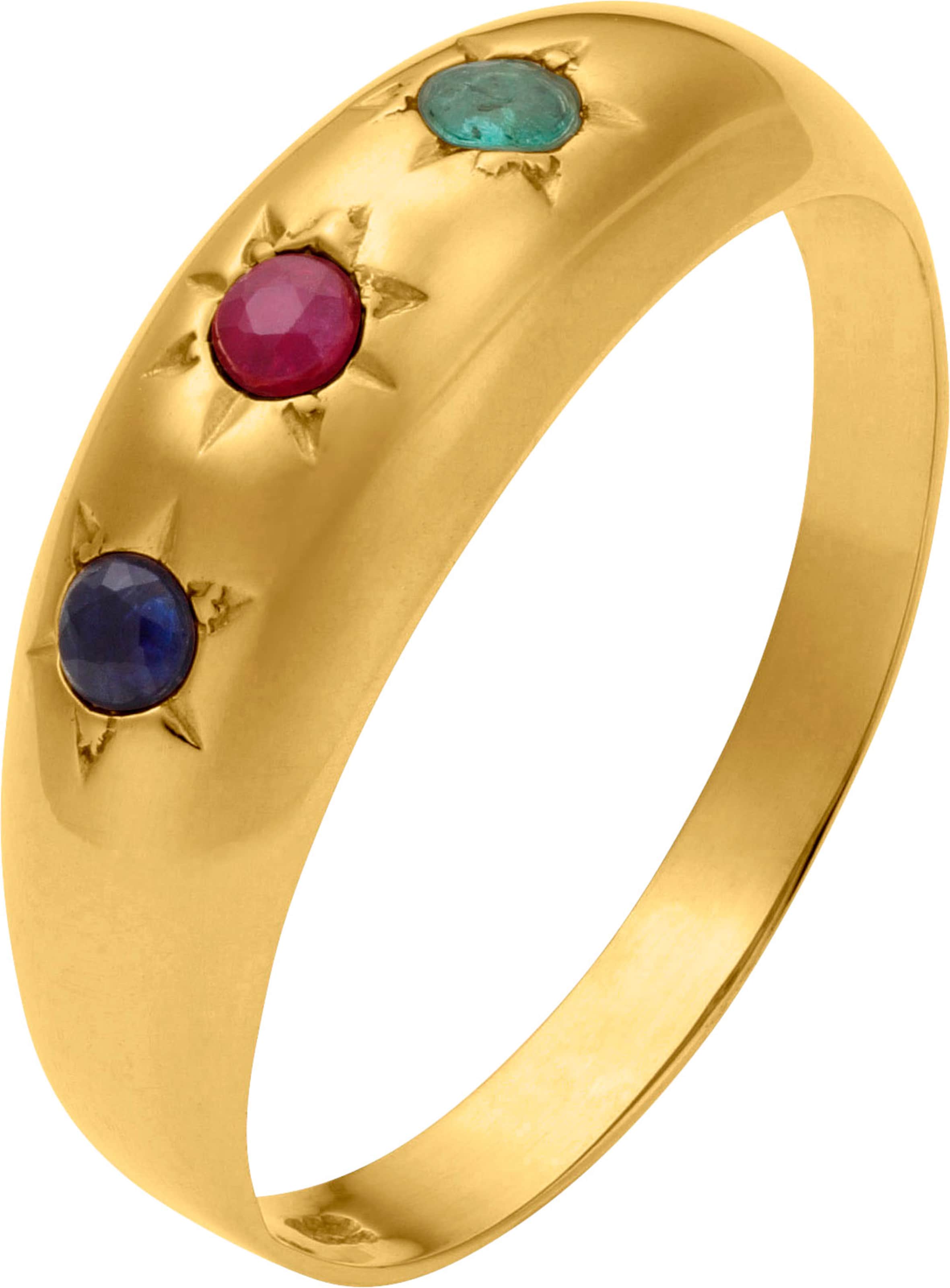 Gold Ring günstig Kaufen-Ring in Gelbgold 375 von heine. Ring in Gelbgold 375 von heine <![CDATA[Ein Klassiker: Ring aus 375er Gelbgold mit 1 Rubin, 1 Saphir und 1 Smaragd.]]>. 