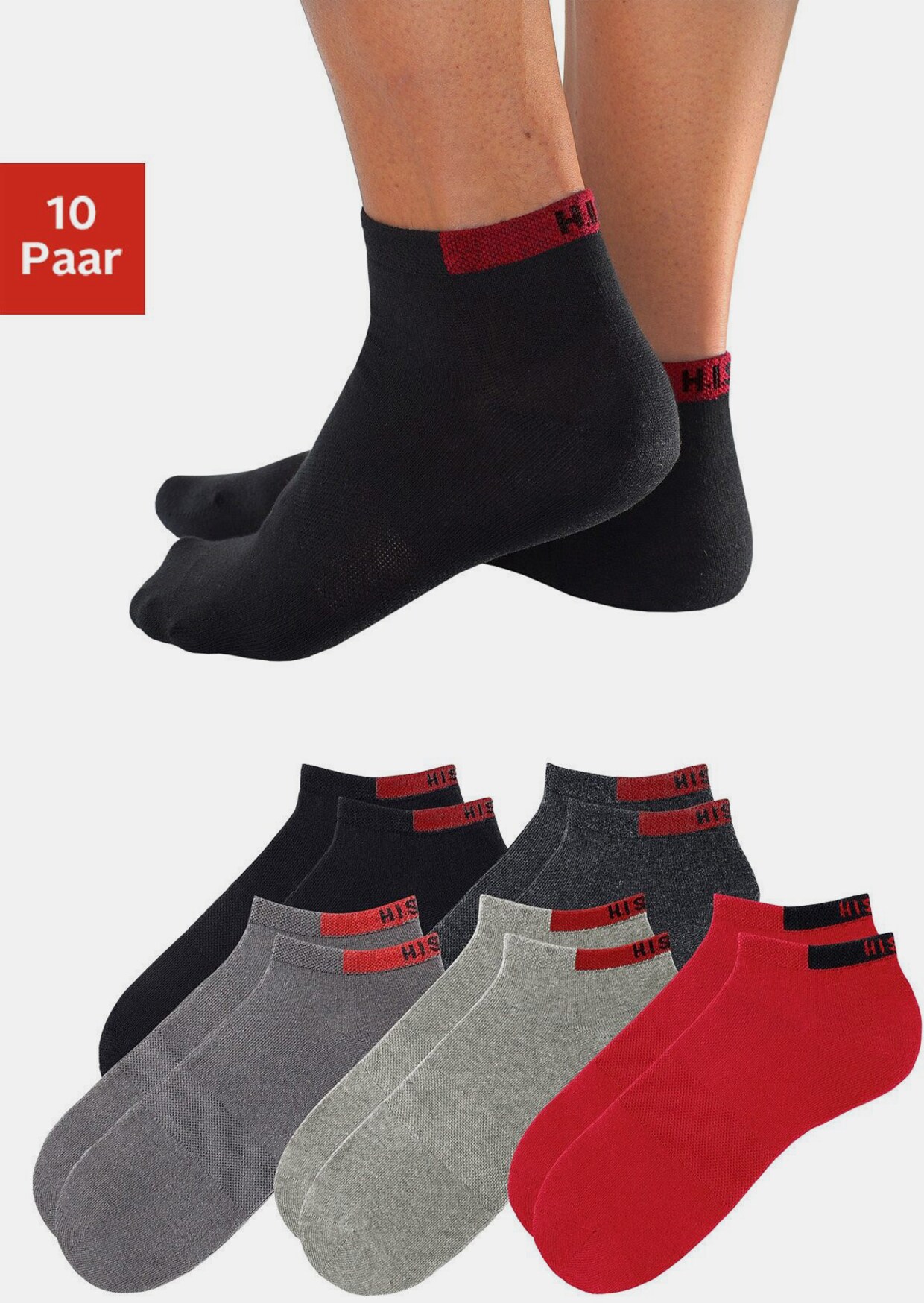 H.I.S Sneakersokken - 2x zwart, 2x grijs, 2x rood, 2x antraciet gemêleerd, 2x lichtgrijs gemêleerd