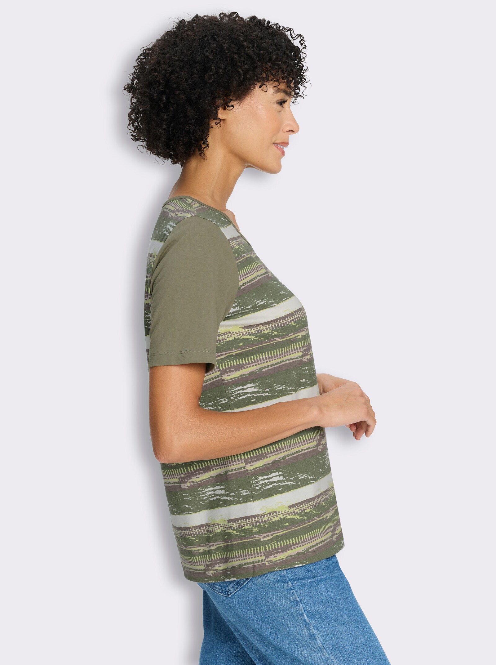 Kurzarmshirt im modischen Streifenmuster - khaki-bedruckt