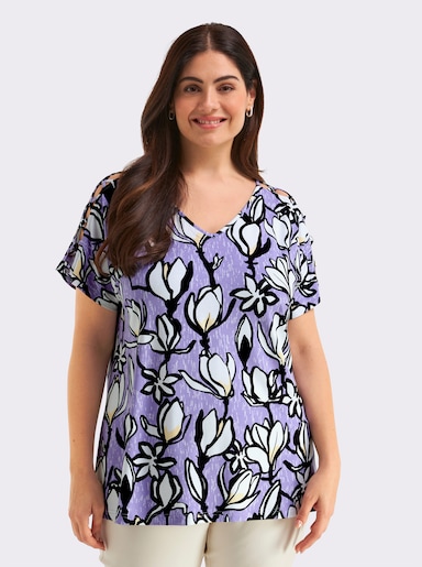 sheego V-Shirt mit raffiniert geschlitzten Ärmeln - flieder-ecru-bedruckt