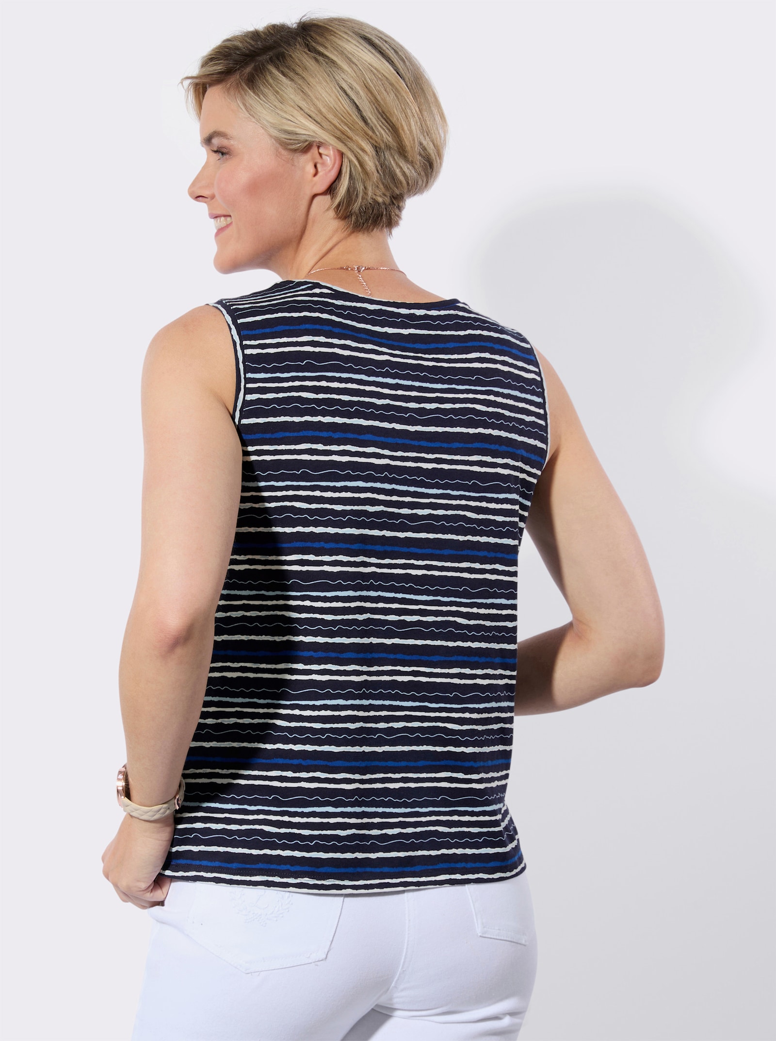 Shirttop paspelierte Abschlüsse - marine-eisblau-bedruckt