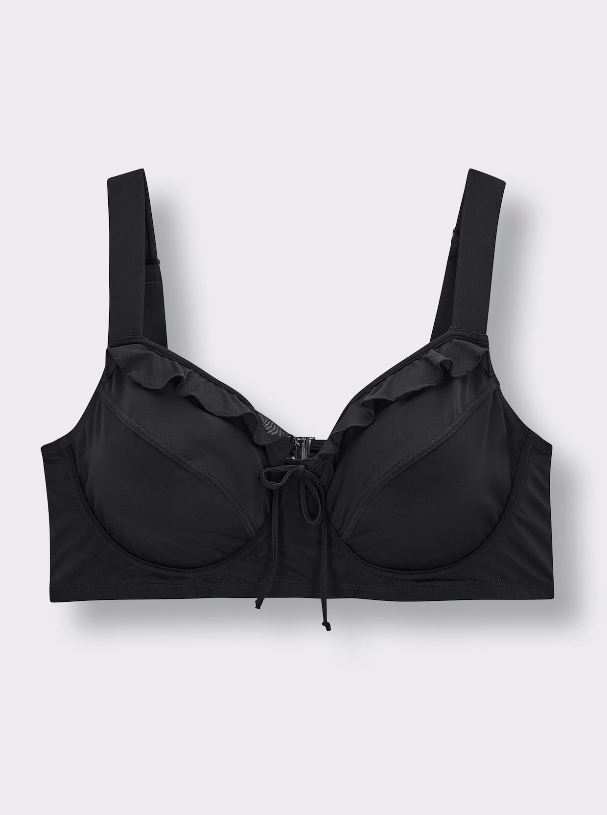 sheego Bikini-Oberteil mit Mesh-Volants und Zierschleife - schwarz