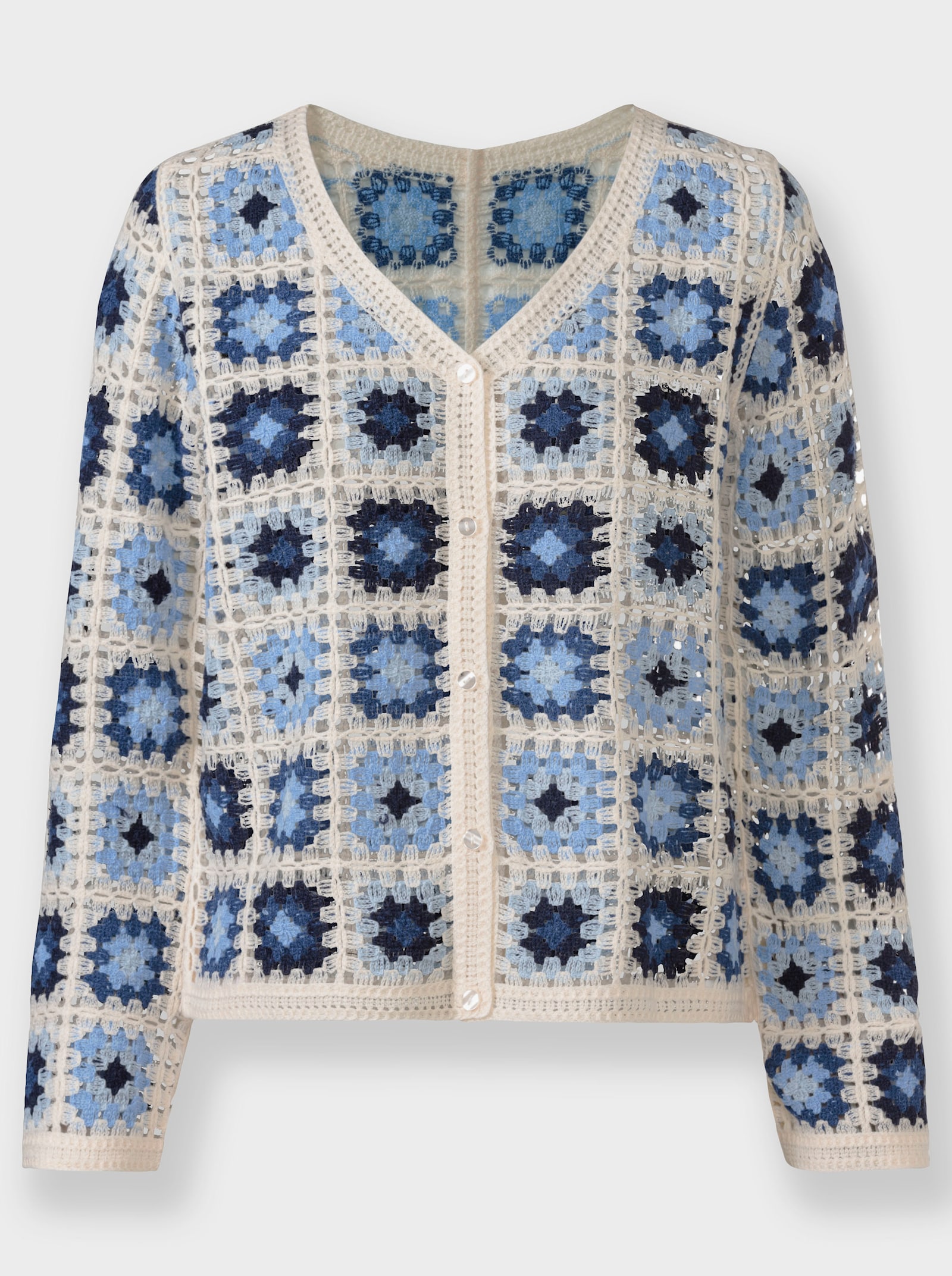 Strickjacke in Häkel-Optik - ecru-jeansblau