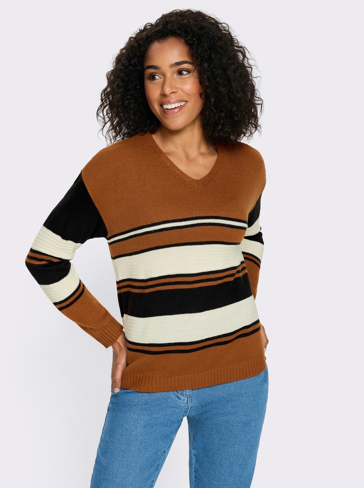 Pullover met lange mouwen en een geplaatst streepjespatroon - cognac/zwart gedessineerd