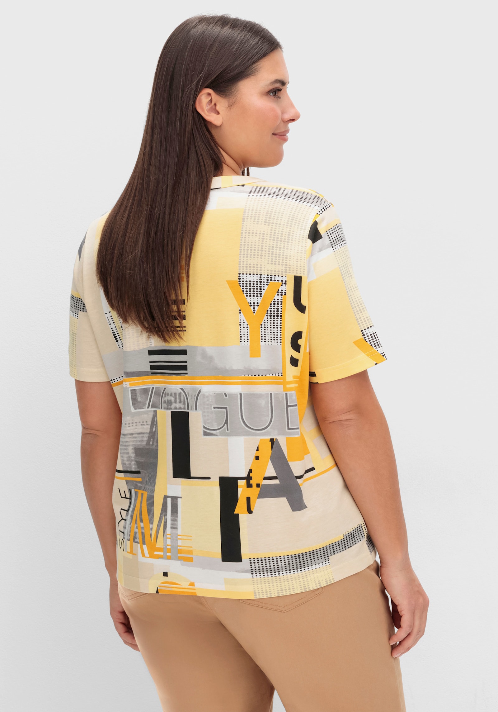 Kurzarmshirt im Baumwoll-Modal-Mix - ocker-sand-bedruckt