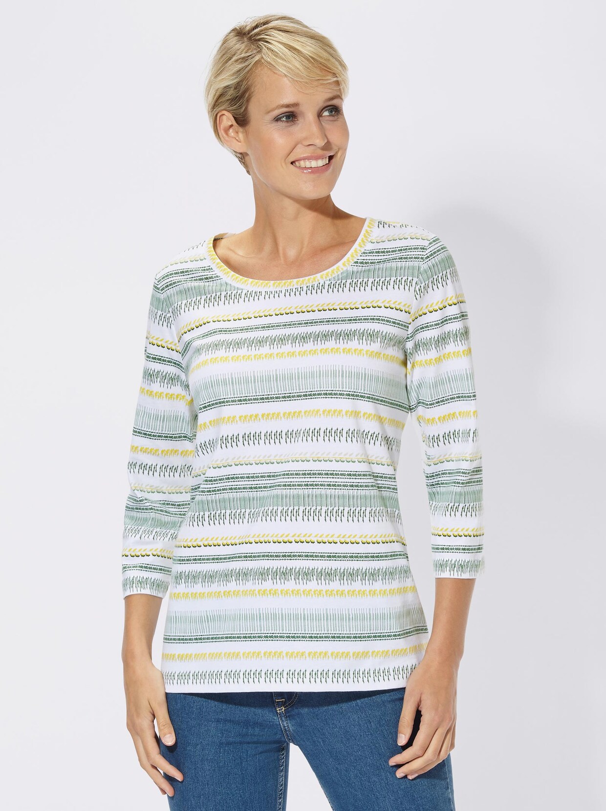 3/4-Arm-Shirt - weiß-grün-gemustert