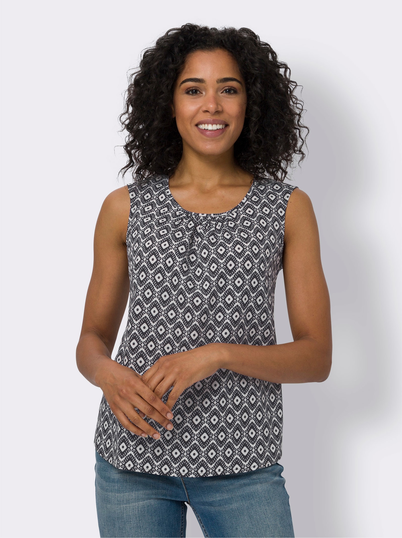 Blúzkový top, min. vzor - svetlobéžovo-čierna potlač