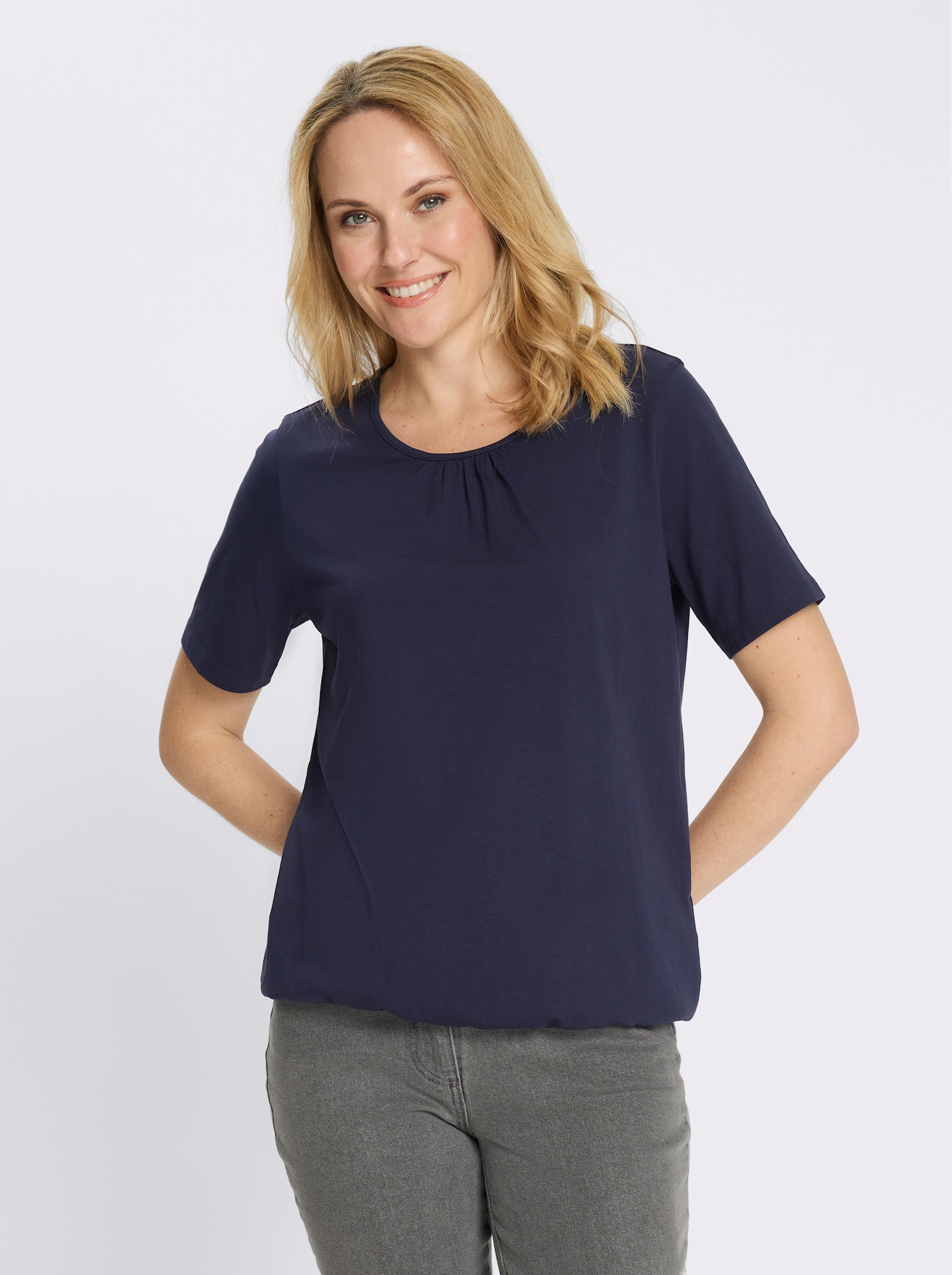 Kurzarmshirt mit gerafftem Ausschnitt - marine