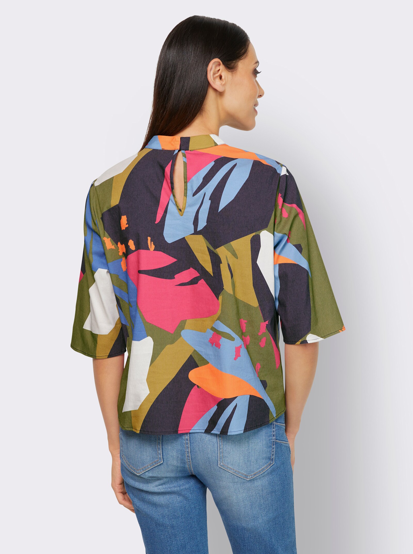 heine Schlupf-Bluse mit Stehkragen - oliv-pink-bedruckt