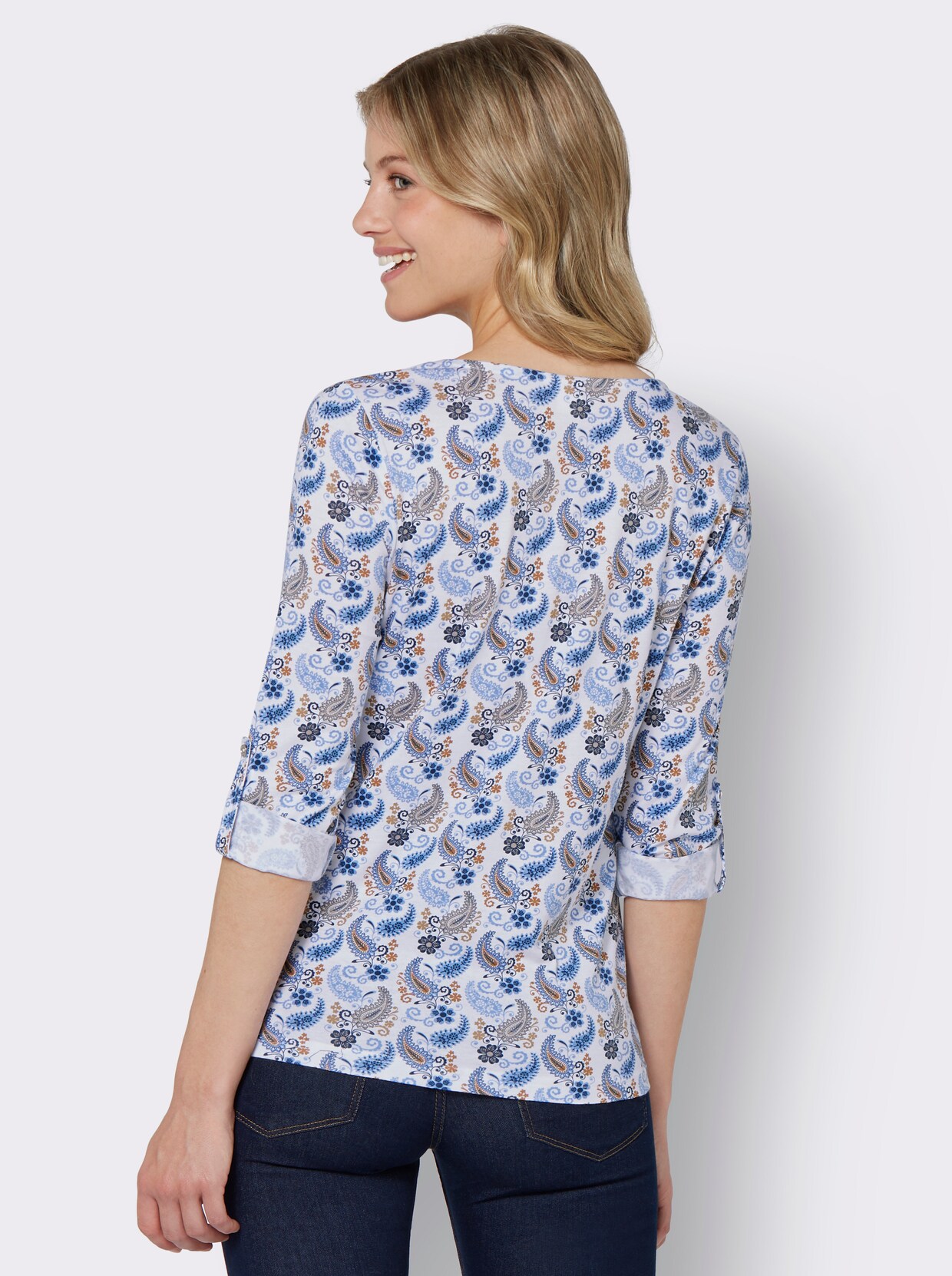 V-Shirt - camel-himmelblau-bedruckt