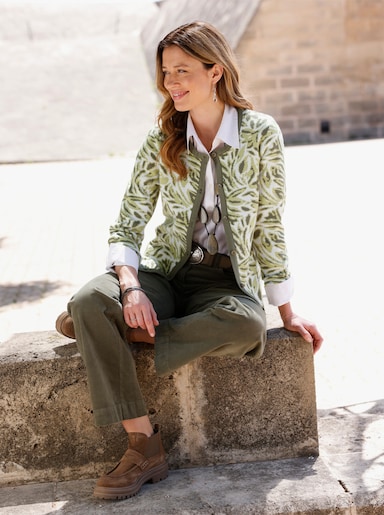 Jacquardstrickjacke mit floralem Allovermuster - khaki-ecru-gemustert