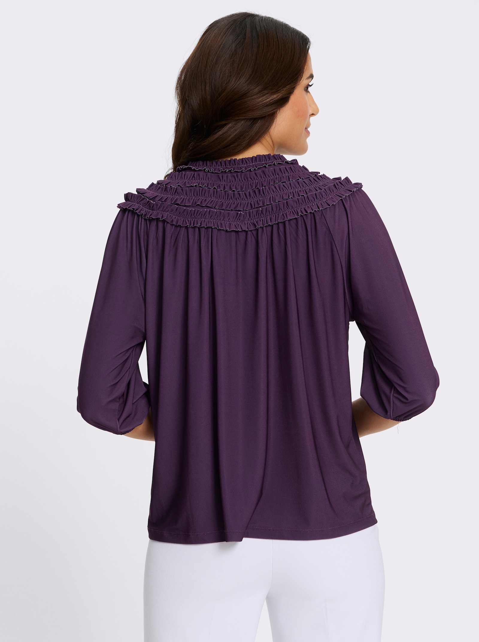 Rundhalsshirt mit Rüschen am Ausschnitt - traube