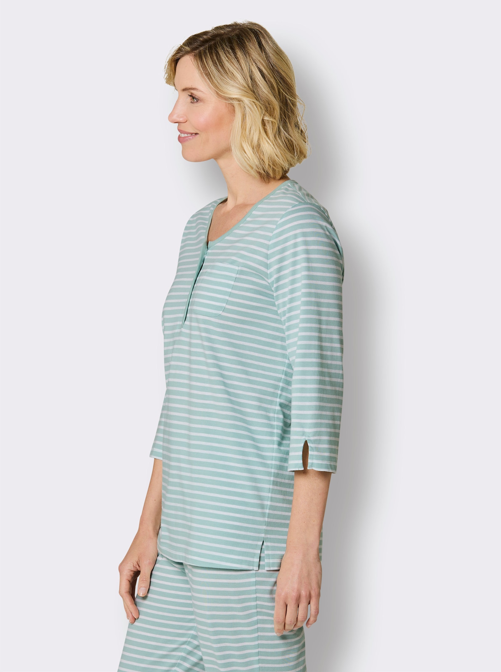 wäschepur Schlafshirt mit Seitenschlitzen - kalkmint-weiß-geringelt