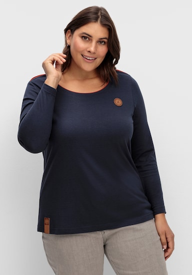 Langarmshirt mit Lederimitat-Emblem - marine