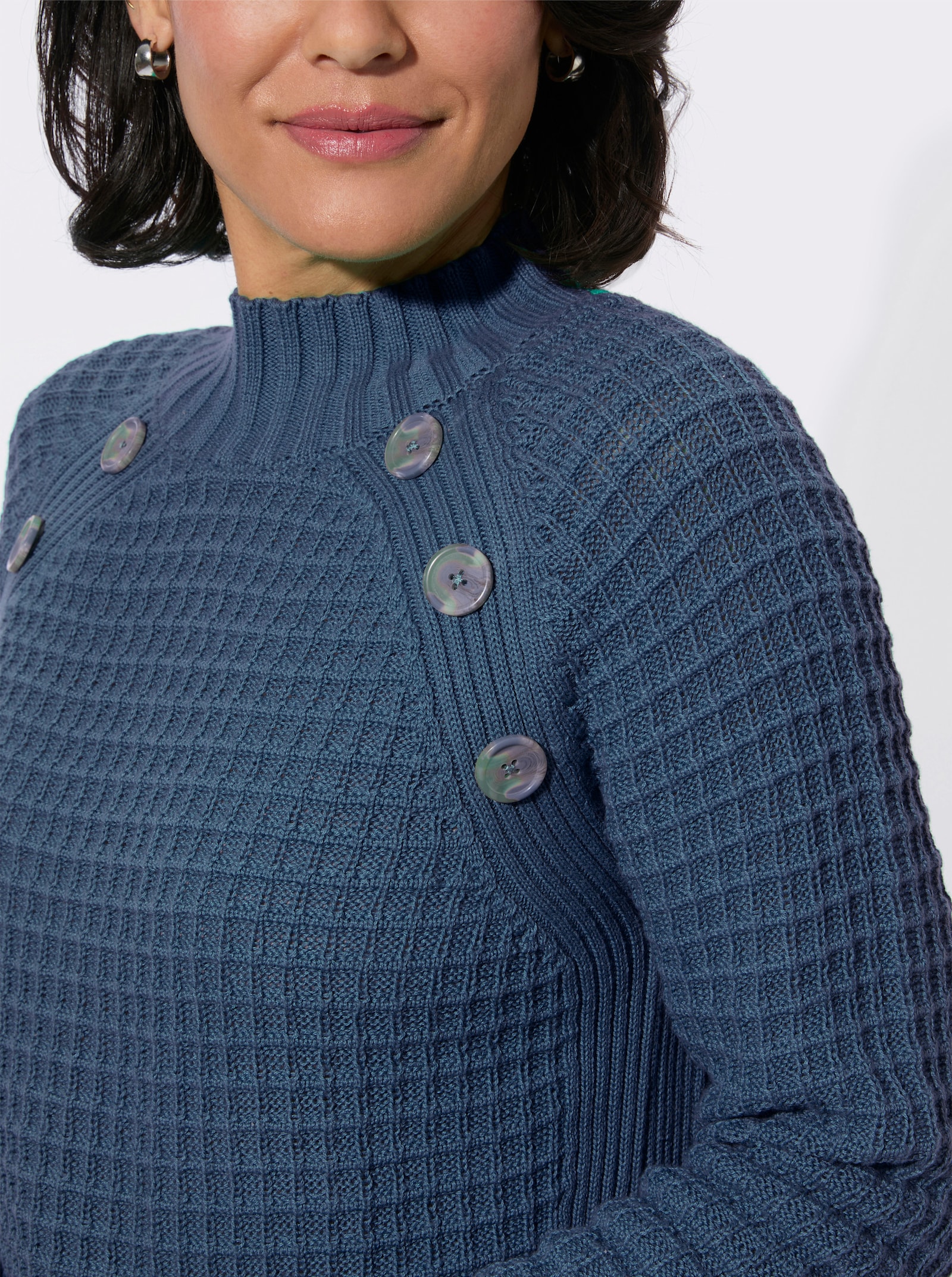 Stehkragenpullover mit Zierknöpfen - jeansblau