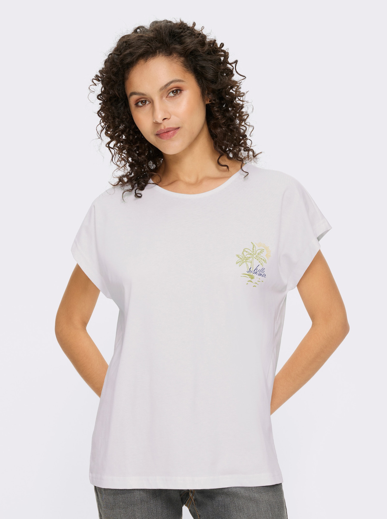 heine Kurzarmshirt mit Palmendruck - weiß-jeansblau-bedruckt